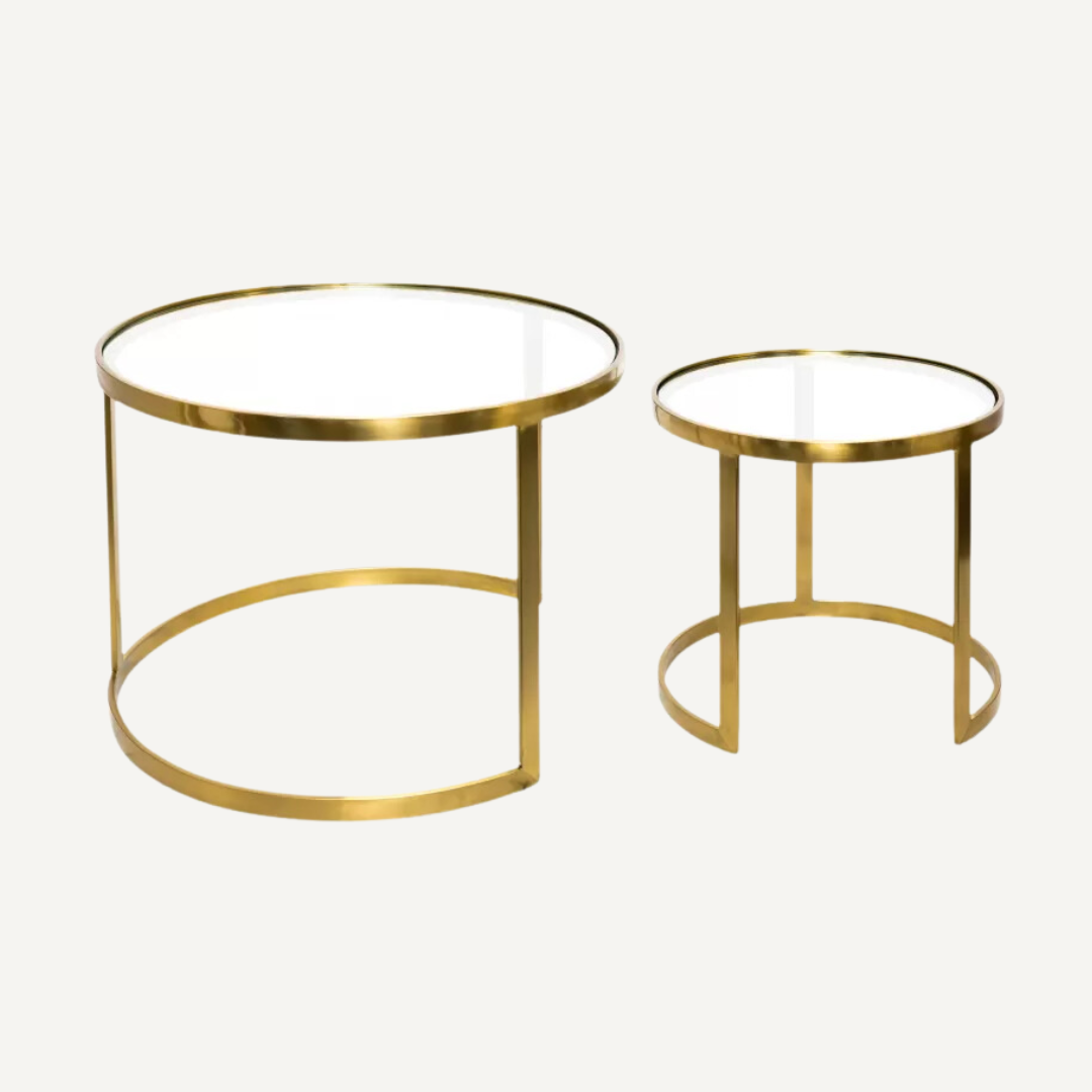 Set aus zwei runden AULA-Couchtischen aus Glas und Kupfer – Diiiz
