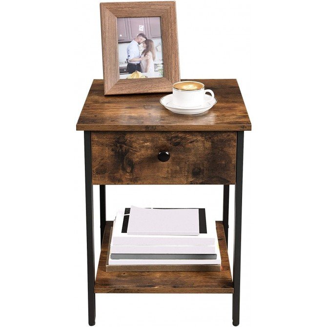 Wooden Nightstand With Drawer, Wood And Metal Side Table With Drawers