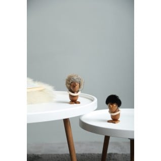 Wooden figures Opitmist and Pessimist inspired by Hans Bolling