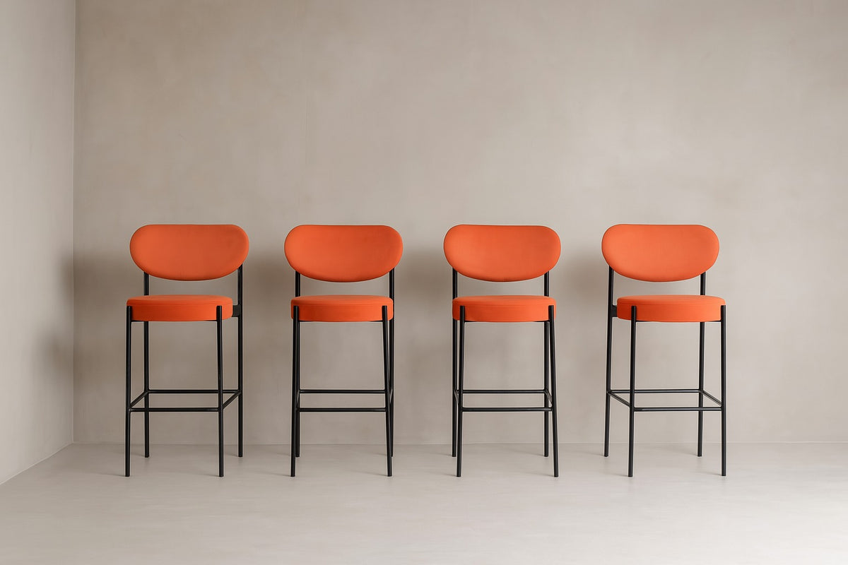 Set of 4 Pandora Bar Stool 65 cm Seat height – Orange Velvet with Black Metal Legs - Outlet