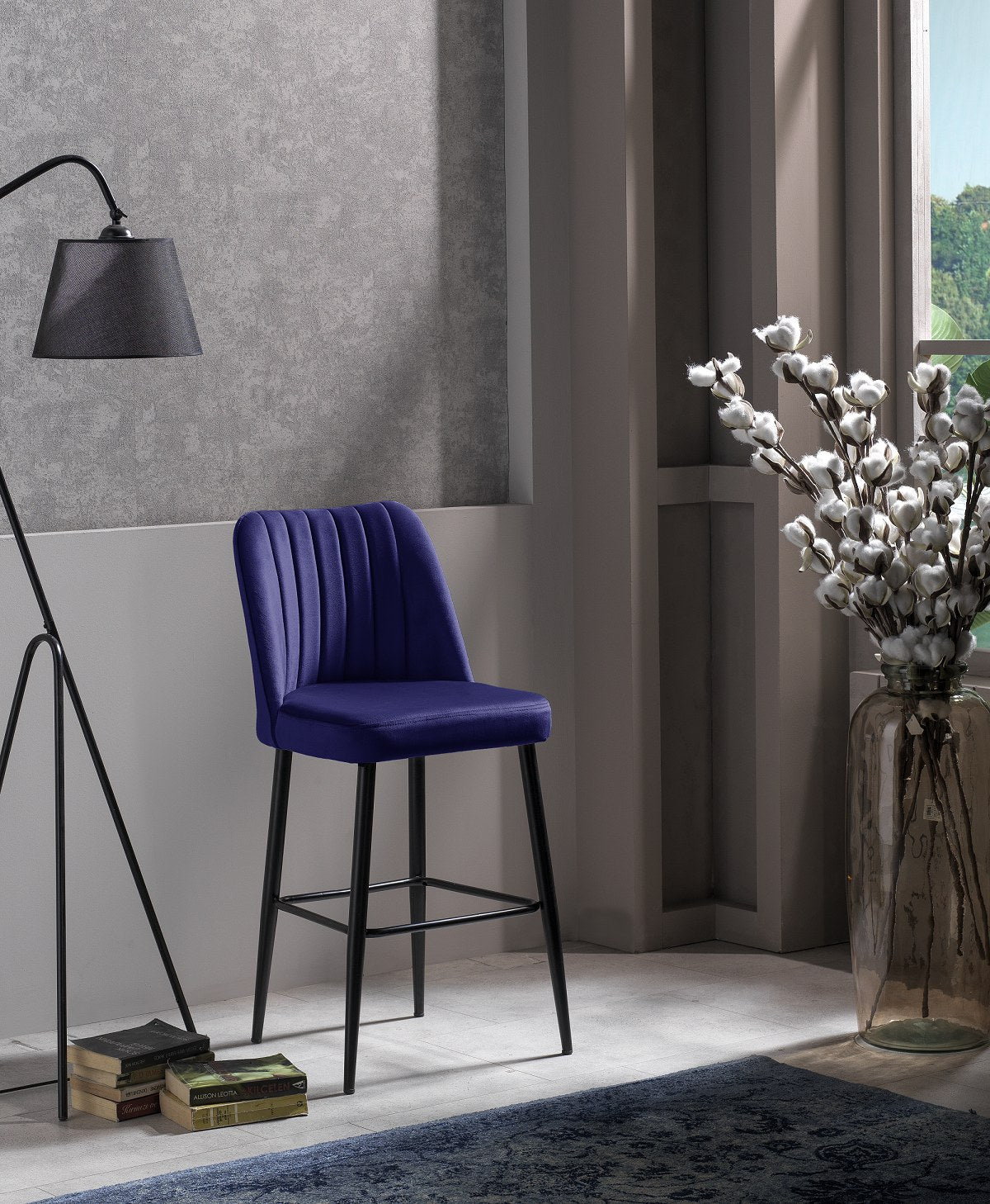 Set of 4 Vento Polyester Bar Stools in Sax Blue and Black
