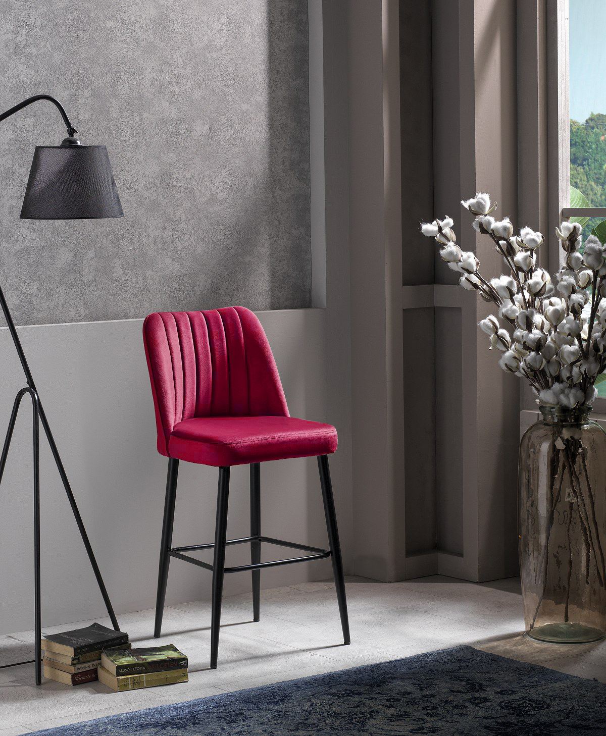 Set of 2 Vento Polyester Bar Stools in Claret Red and Black – product image 1