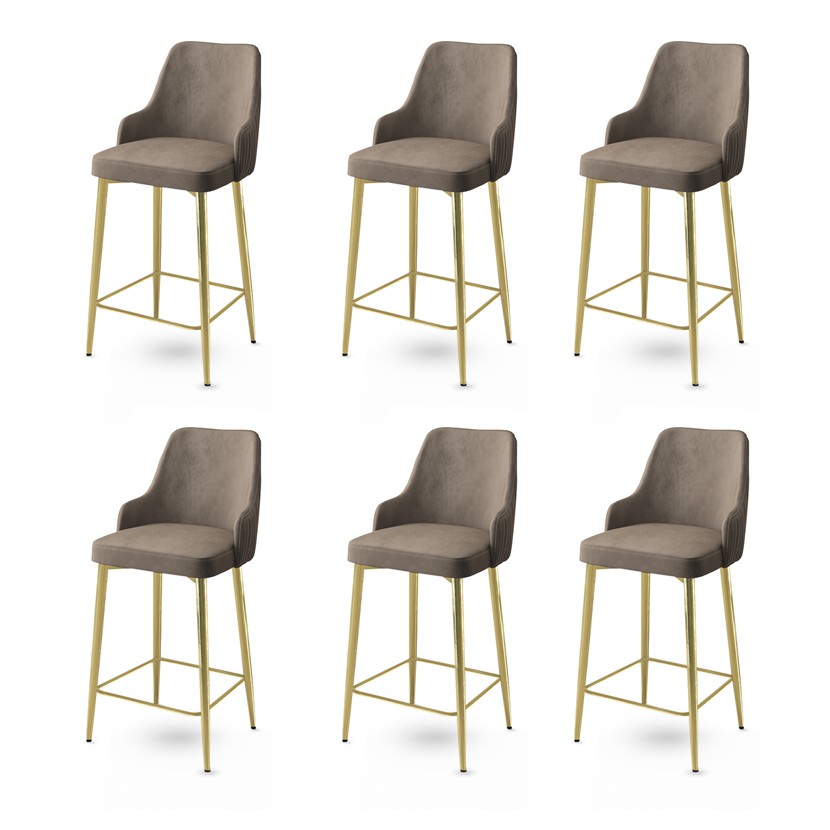 Set of 6 Enox Upholstered Bar Stools in Cappuccino and Gold