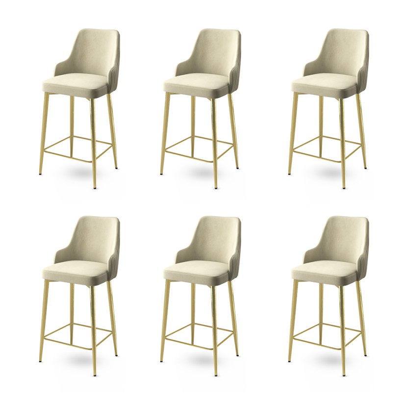 Set of 6 Enox Upholstered Bar Stools in Cream and Gold