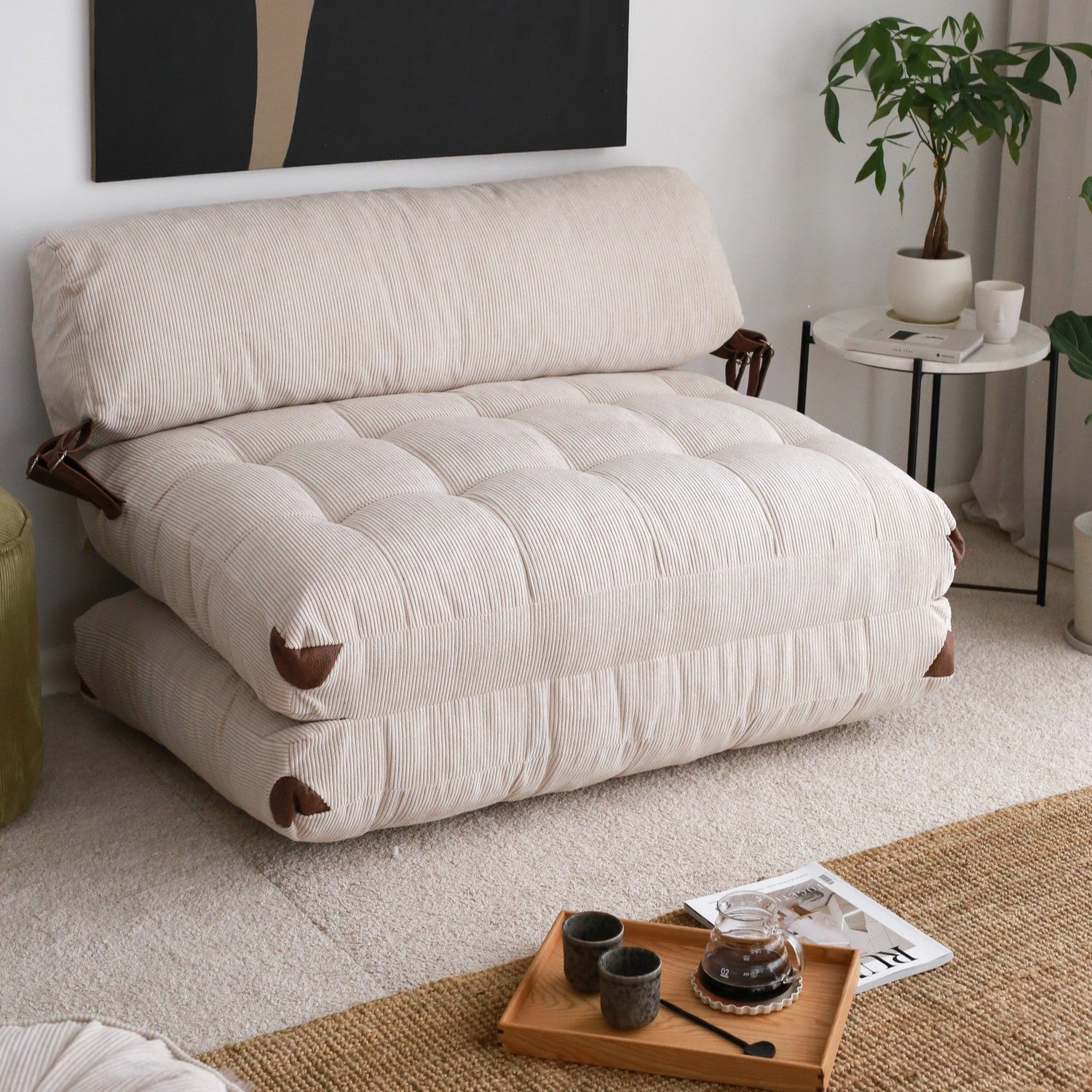 Folding Kadife 2 White Two-Seater Sofa Bed