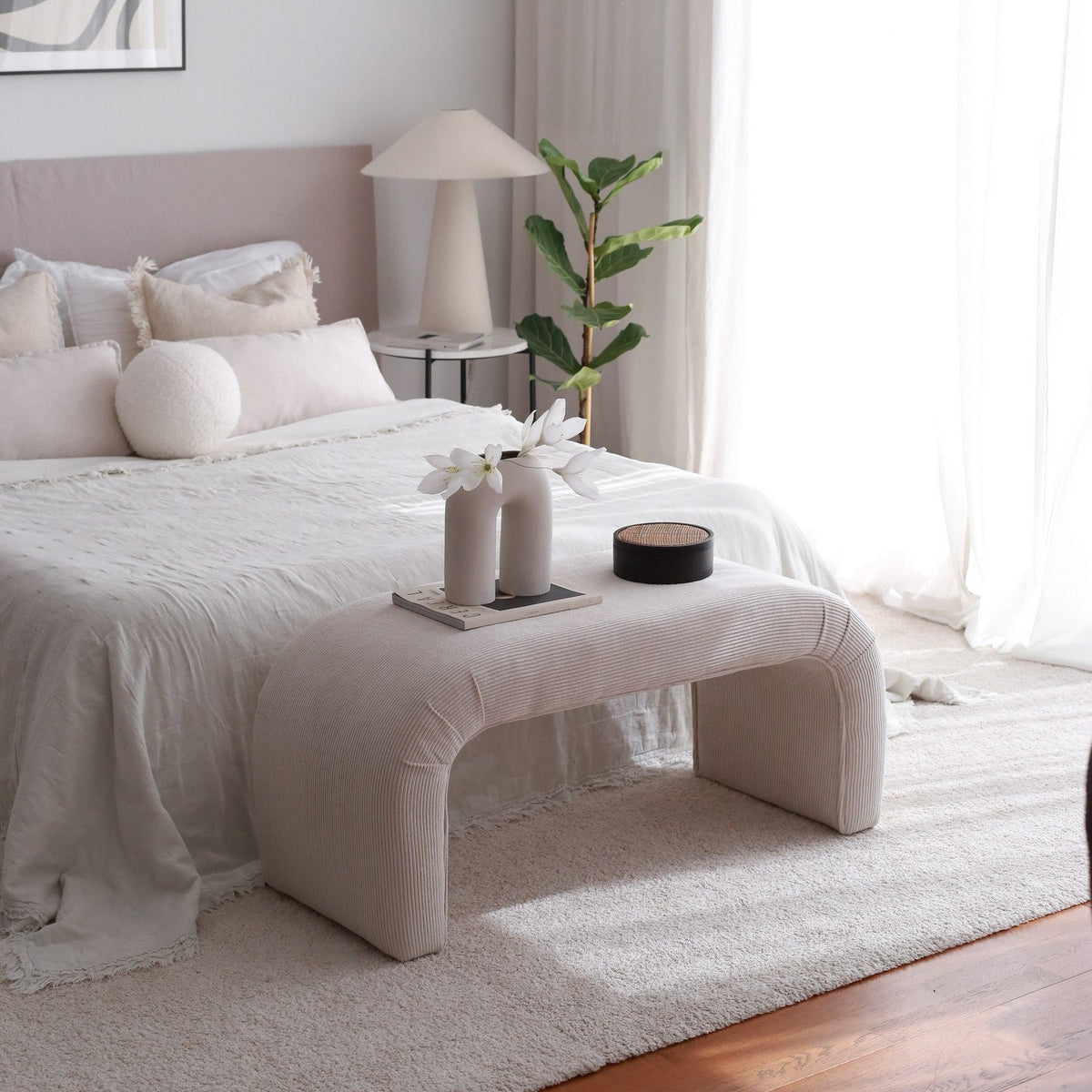 Nu Bench Fitilli White Pouffe Modern Upholstered Ottoman