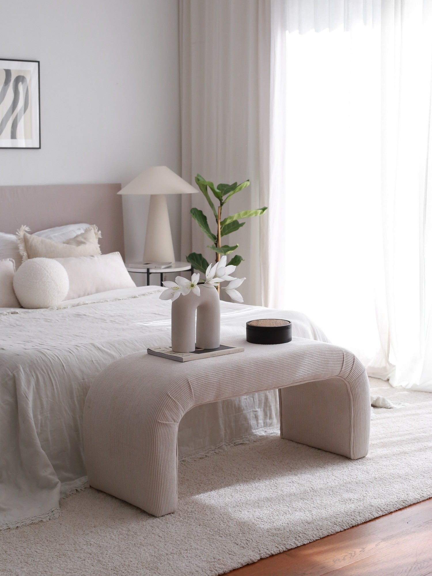 Nu Bench Fitilli  | White Pouffe – Modern Upholstered Ottoman