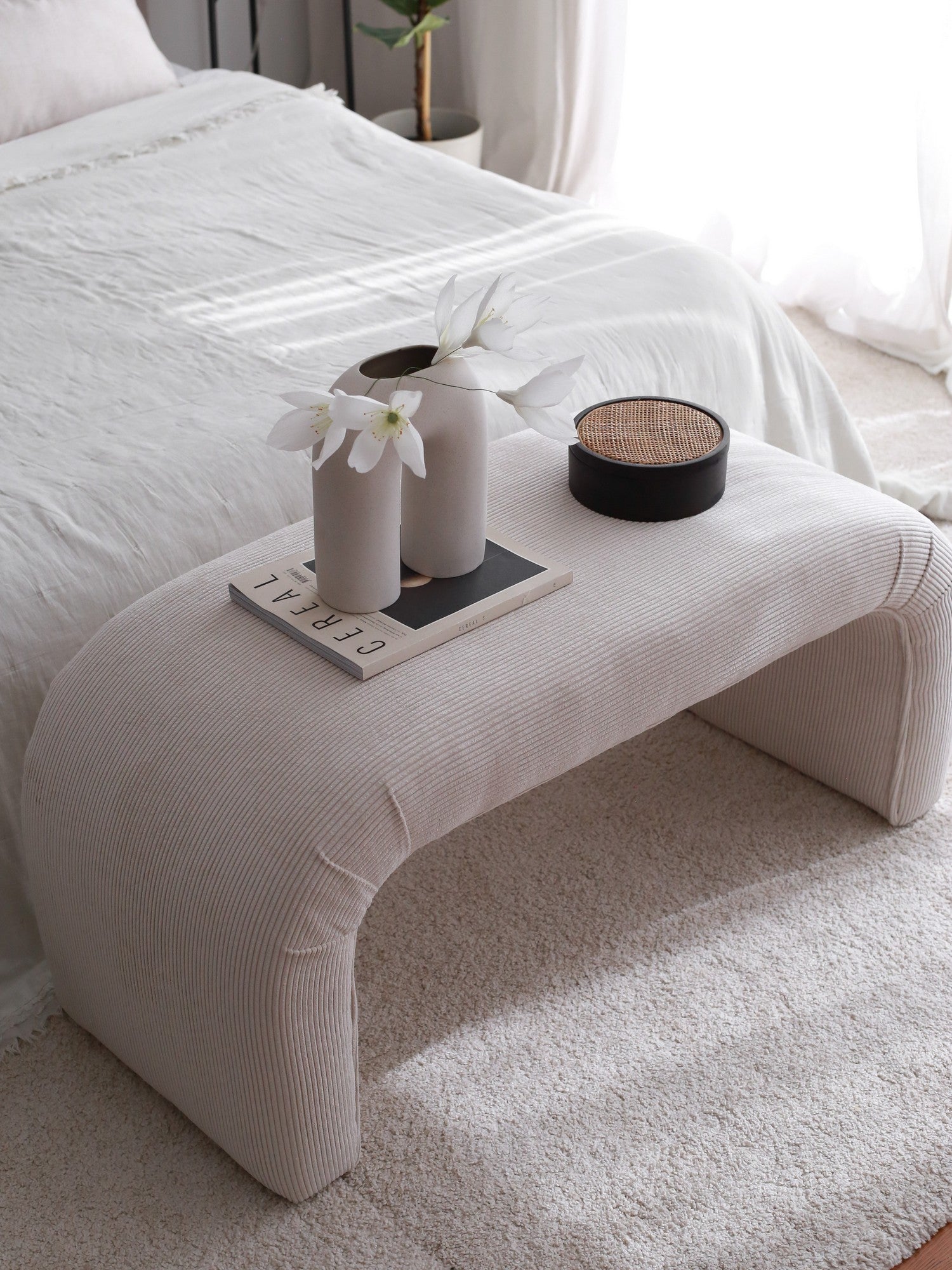 Nu Bench Fitilli  | White Pouffe – Modern Upholstered Ottoman