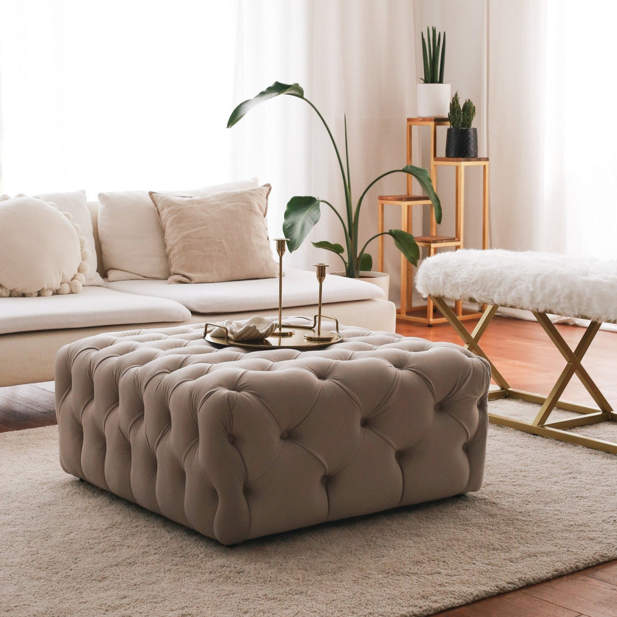 Chester Cream Pouffe Modern Upholstered Ottoman