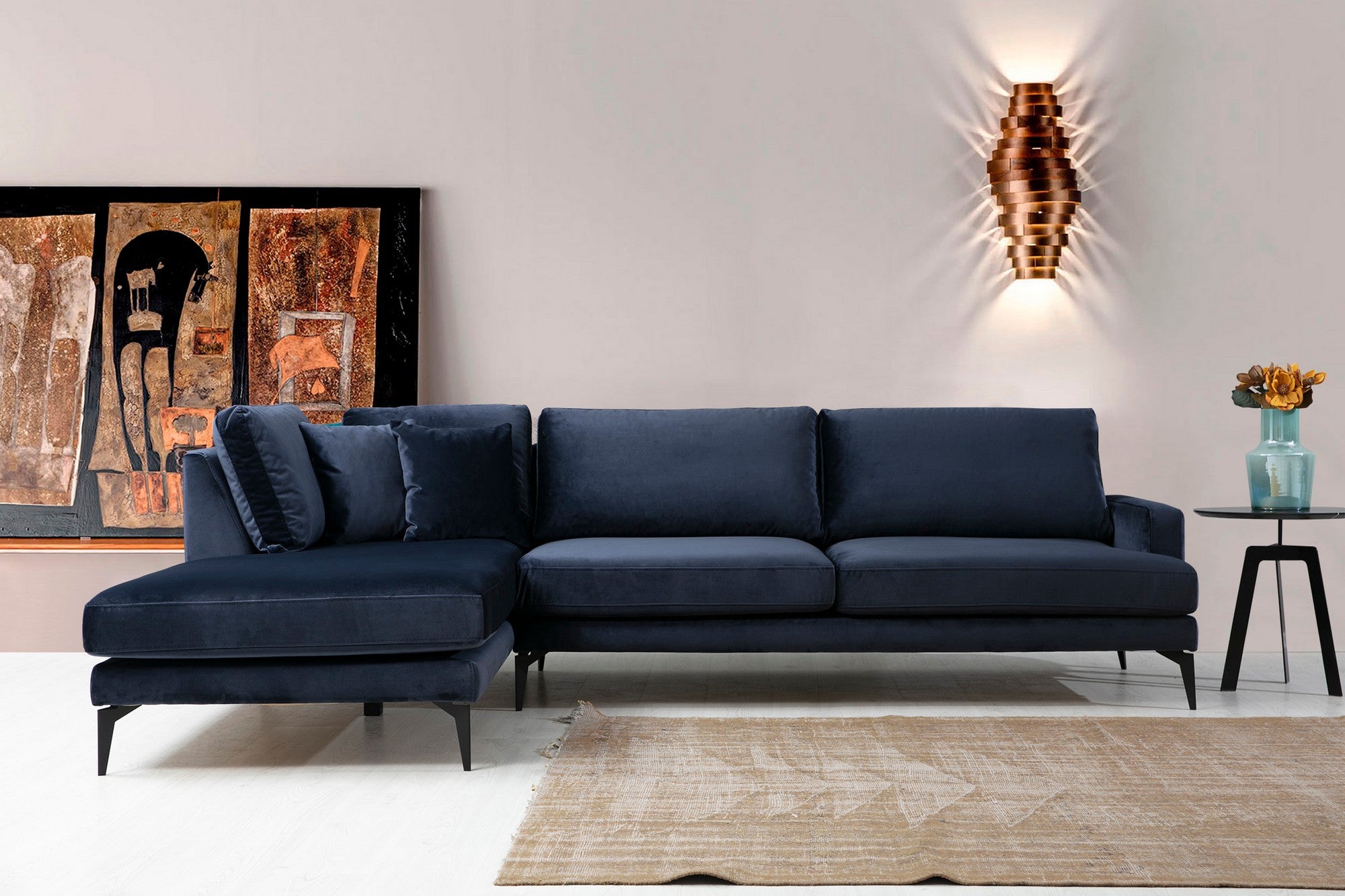 Papira – Navy Blue L Shape Corner Sofa | Designer Sectional for Living Room