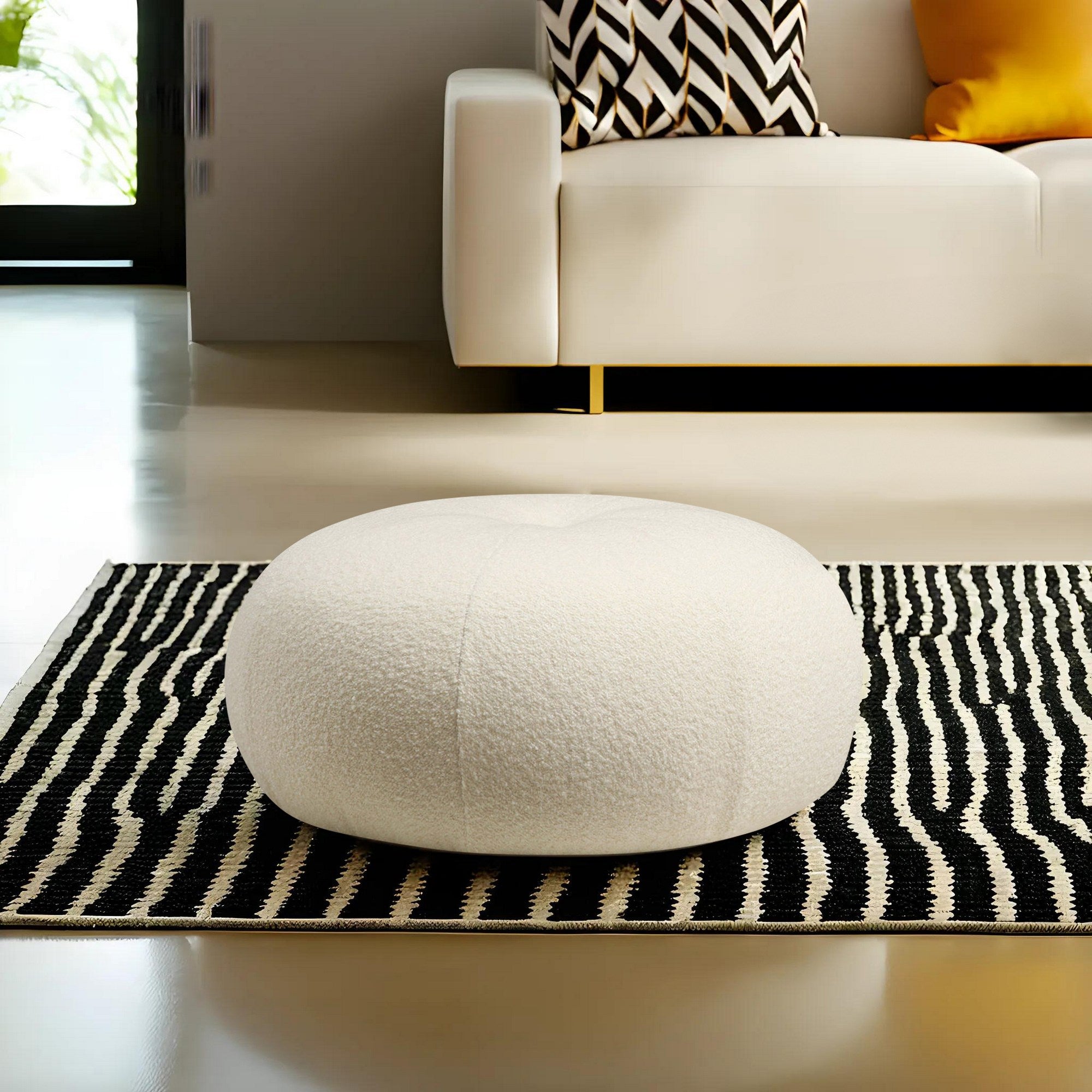Tina - Bouclet  White Pouffe – Modern Upholstered Ottoman