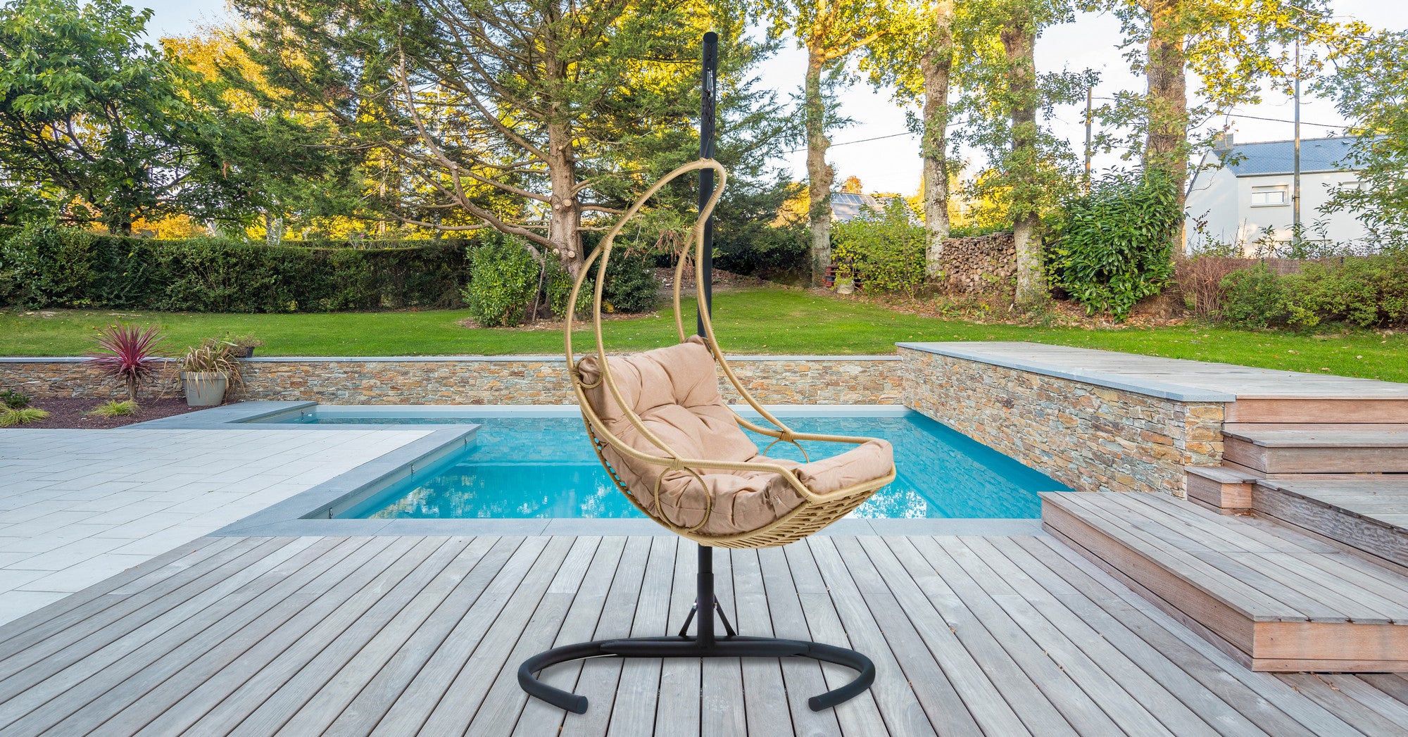 Florya Polyester Hanging Garden Swing Chair in Beige and Black