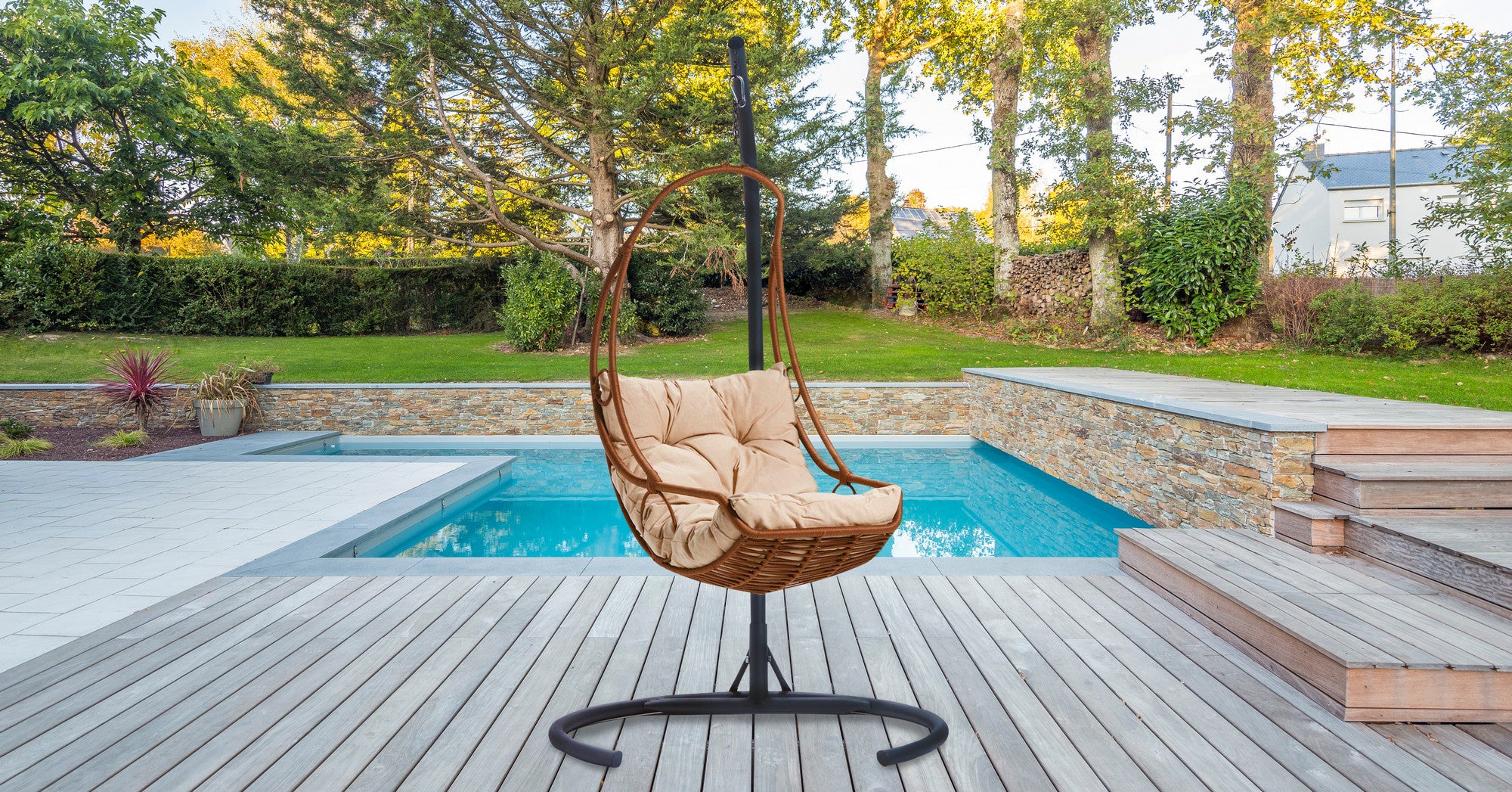Florya Polyester Hanging Garden Swing Chair in Camel and Black