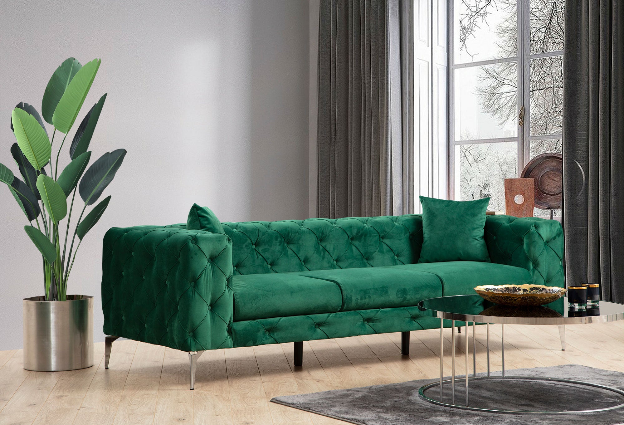 Como Green 3 Seater Sofa Comfortable Tufted Modern Couch