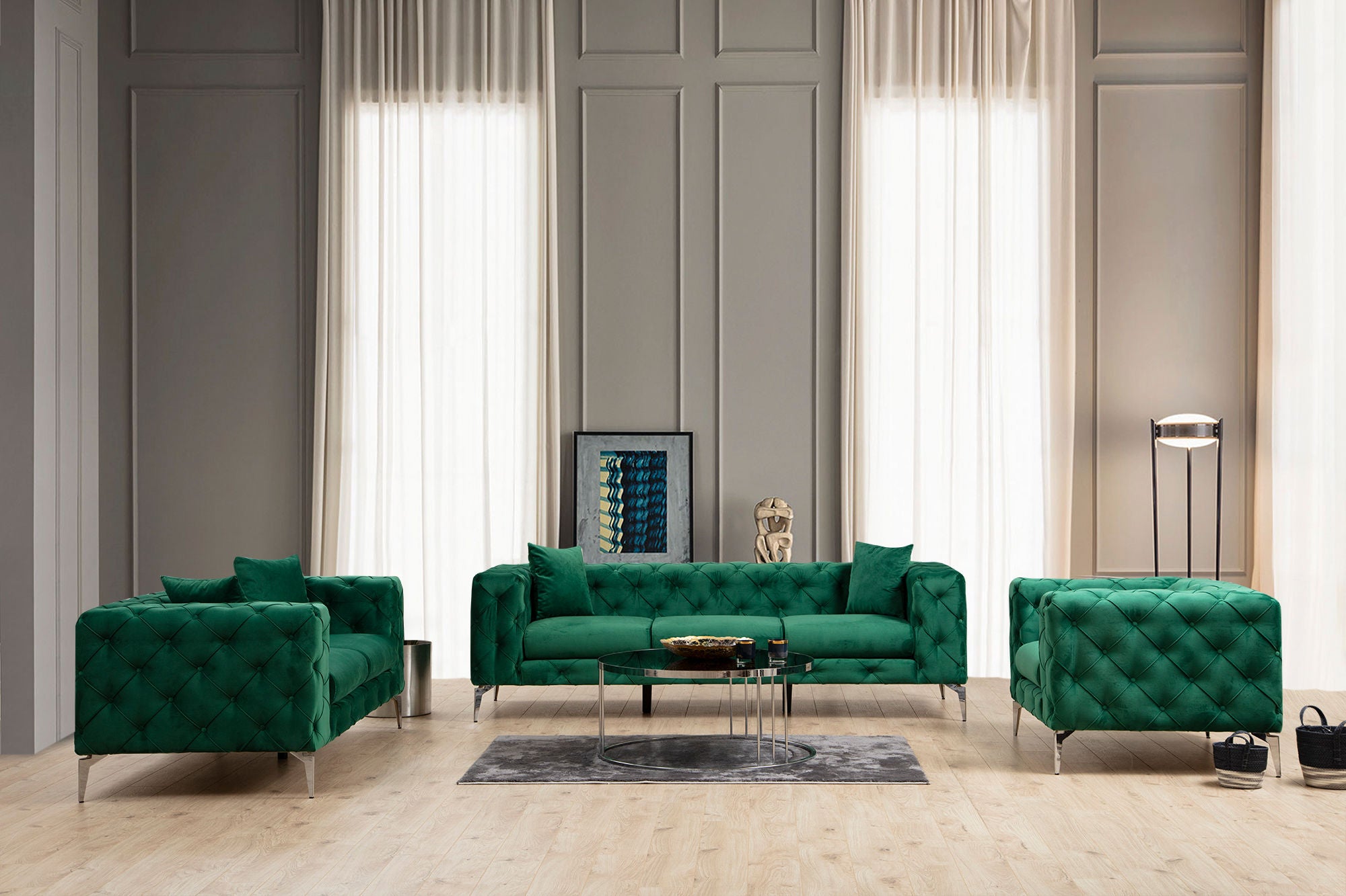 Como Green 3 Seater Sofa | Comfortable Tufted Modern Couch