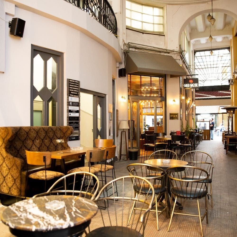 Outdoor metal slat armchairBronzy