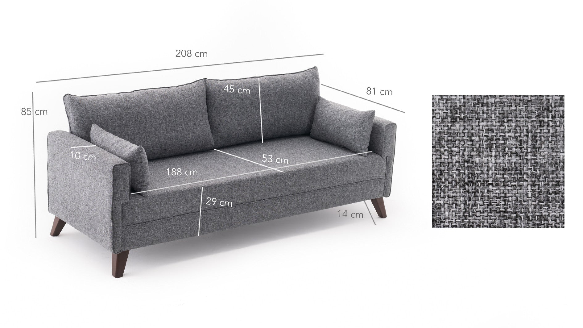 Bella  3 Seater Sofa grey fabric | Comfortable 3 persons couch