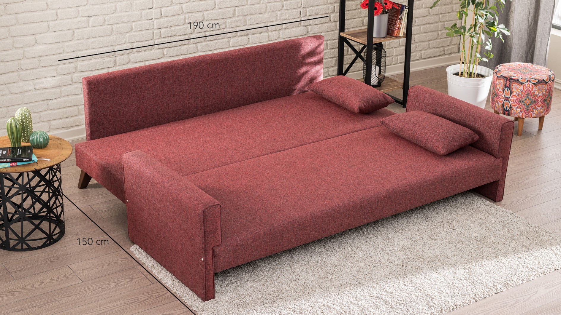 Bella  Claret Red 3-Seater Sofa Bed - | Large Pull-Out Couch for Guests