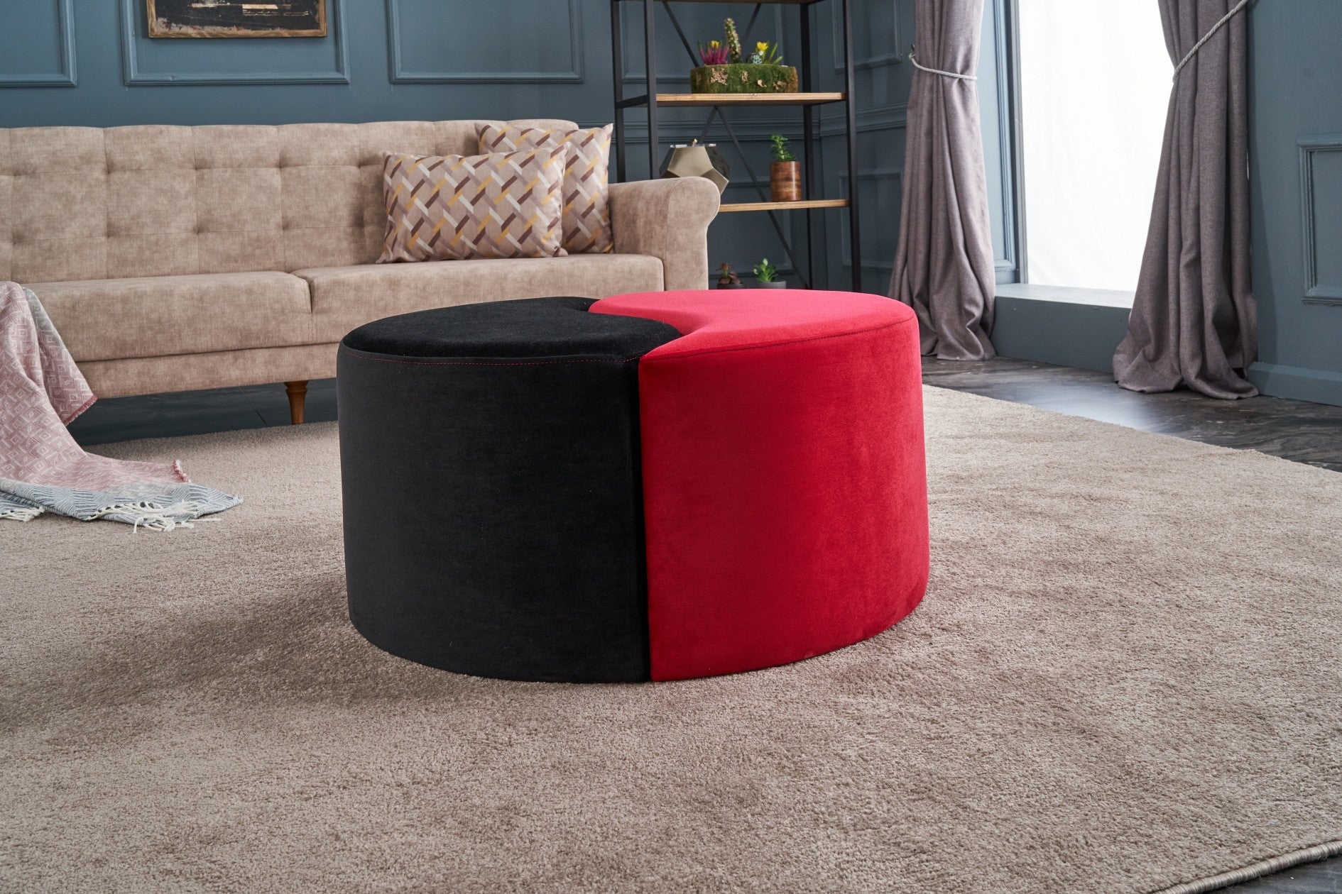 Alis Puf| Black Red Pouffe – Modern Upholstered Ottoman