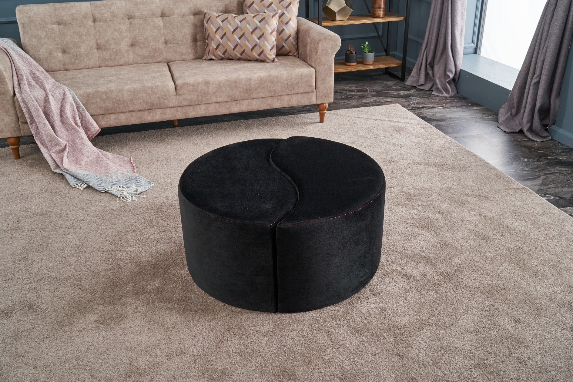 Alis Puf  | Anthracite Pink Pouffe – Modern Upholstered Ottoman