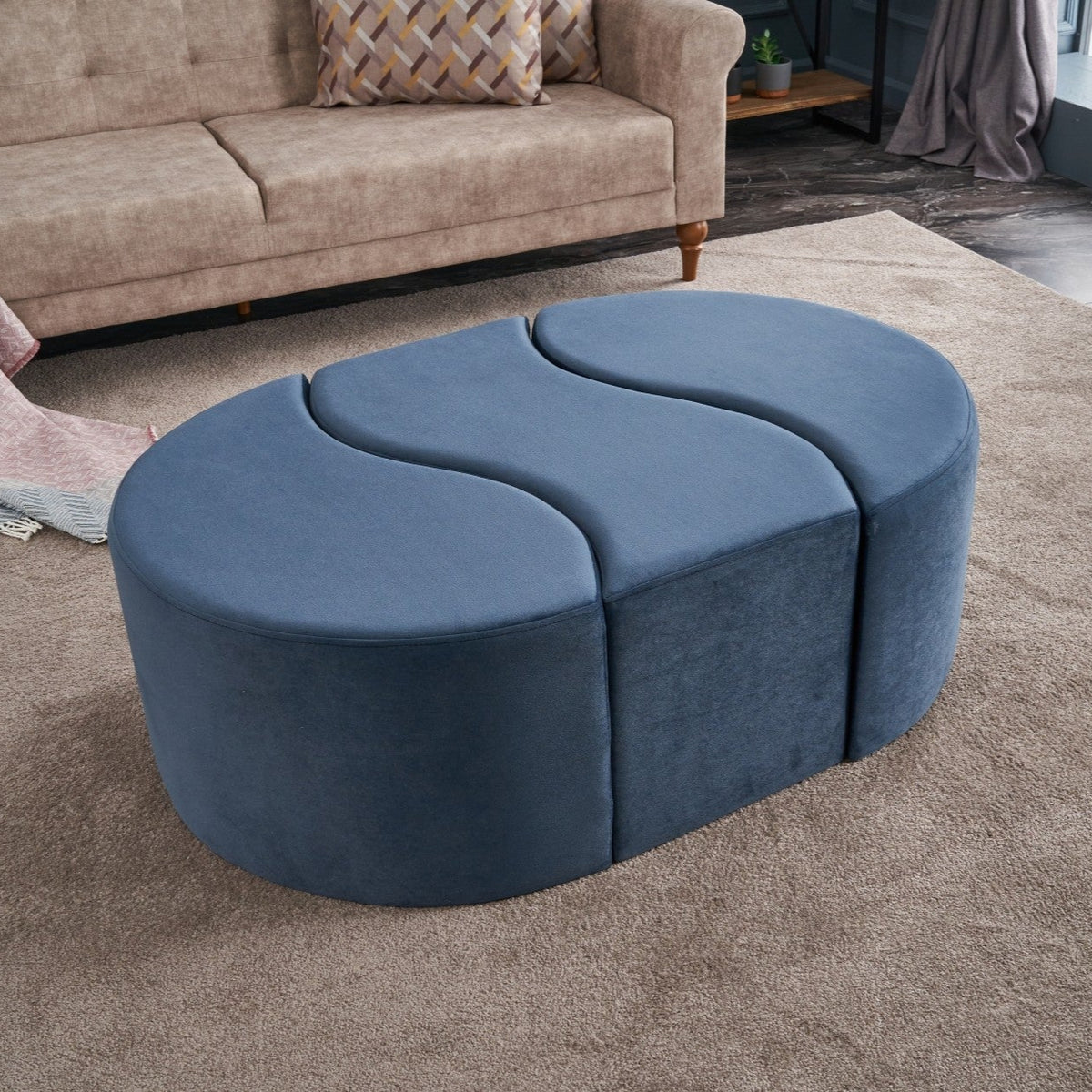 Alya Puf Blue Pouffe Modern Upholstered Ottoman