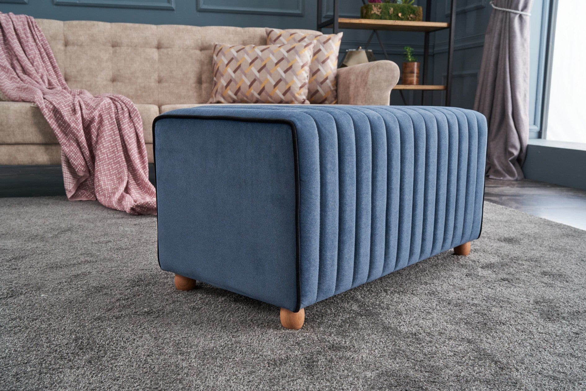 Mabel Puf - Blue | Blue Pouffe – Modern Upholstered Ottoman