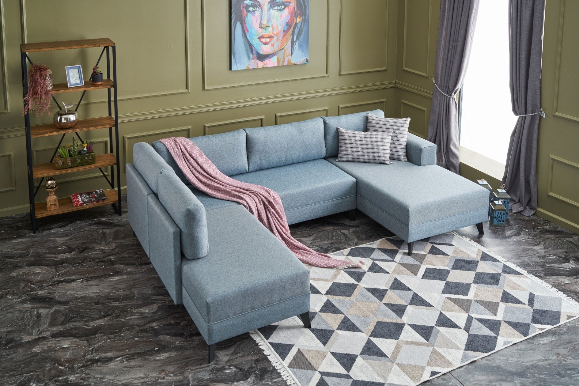 Efsun – Blue L Shaped Corner Sofa Bed | Modular Sectional