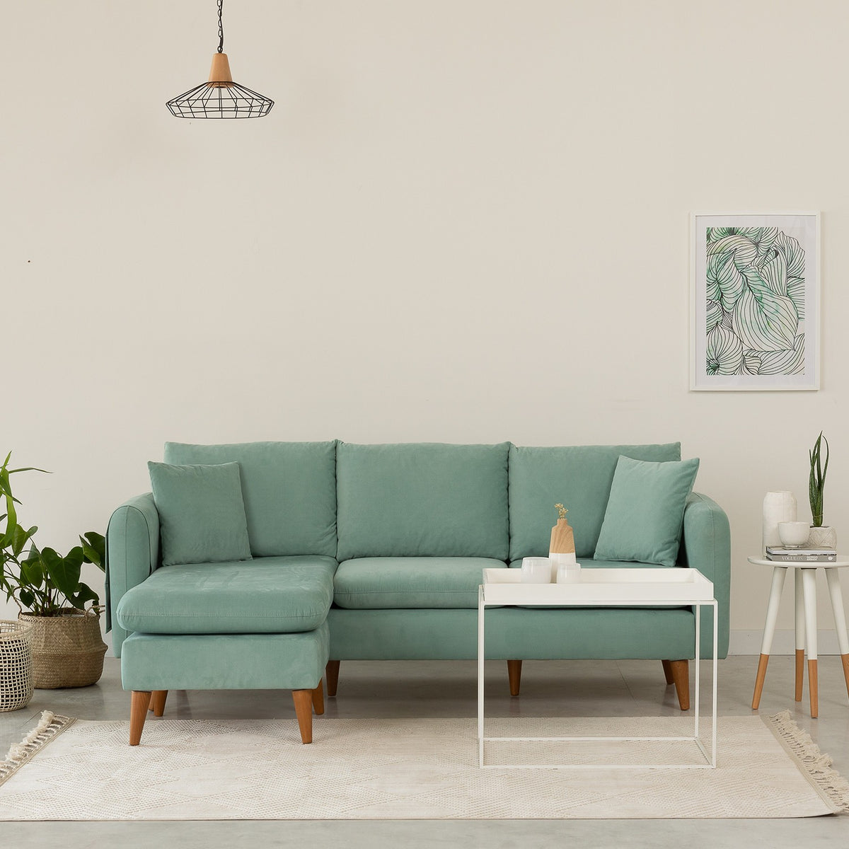 Sofia Sea Green L Shape Corner Sofa Designer Sectional for Living Room