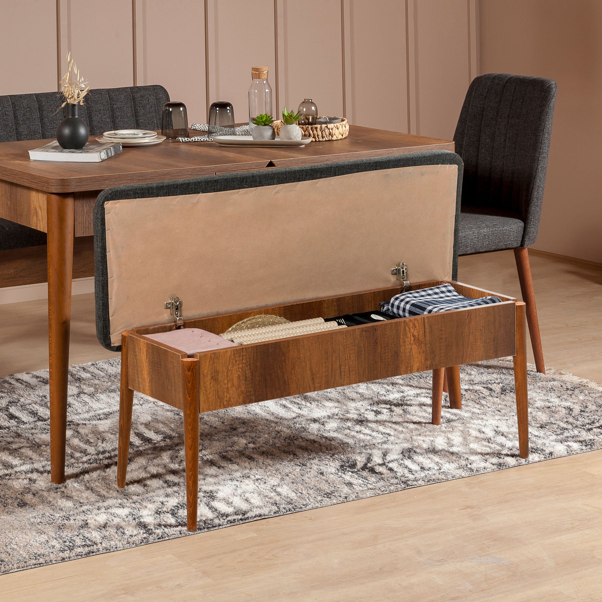 Vina Linen Storage Bench in Walnut and Anthracite – product image 2
