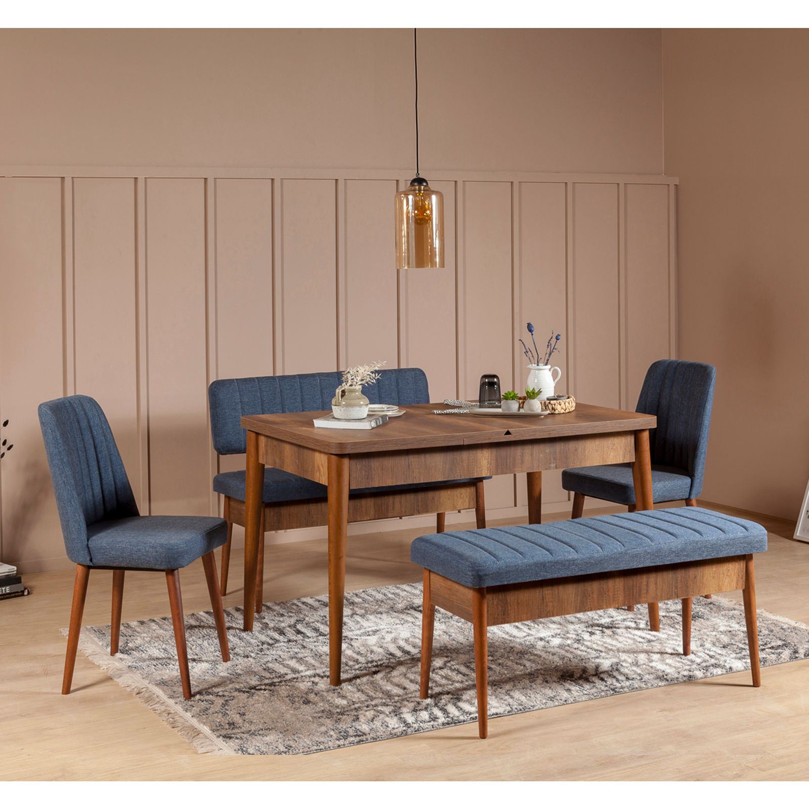 Vina Linen Bench in Walnut and Dark Blue – product image 2