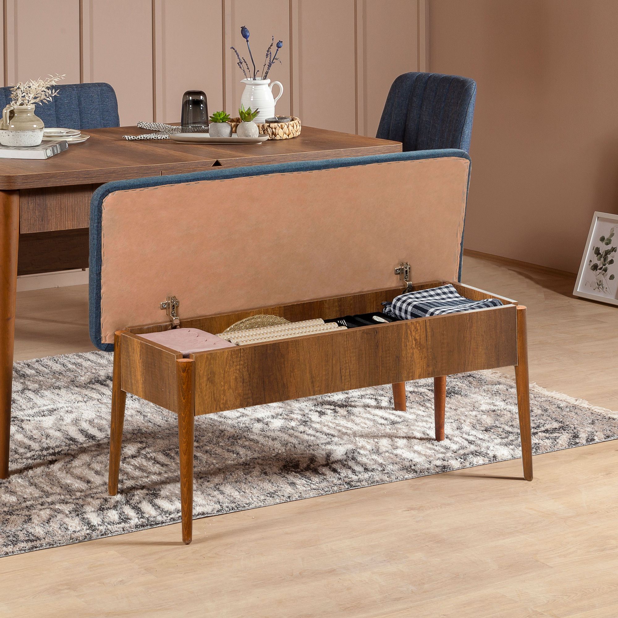 Vina Linen Bench in Walnut and Dark Blue – product image 3
