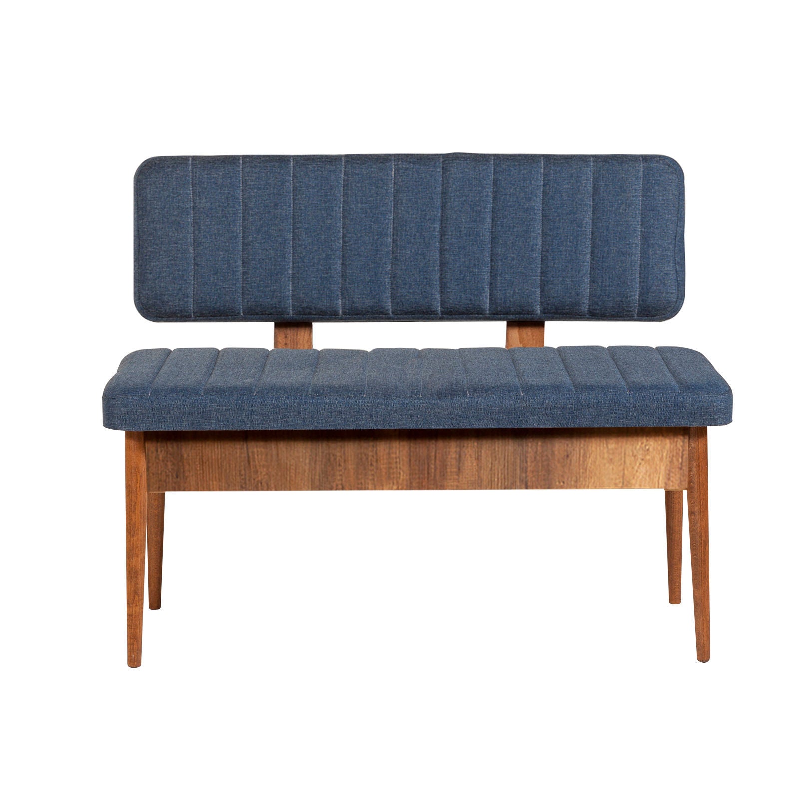 Vina Linen Storage Bench in Walnut and Dark Blue