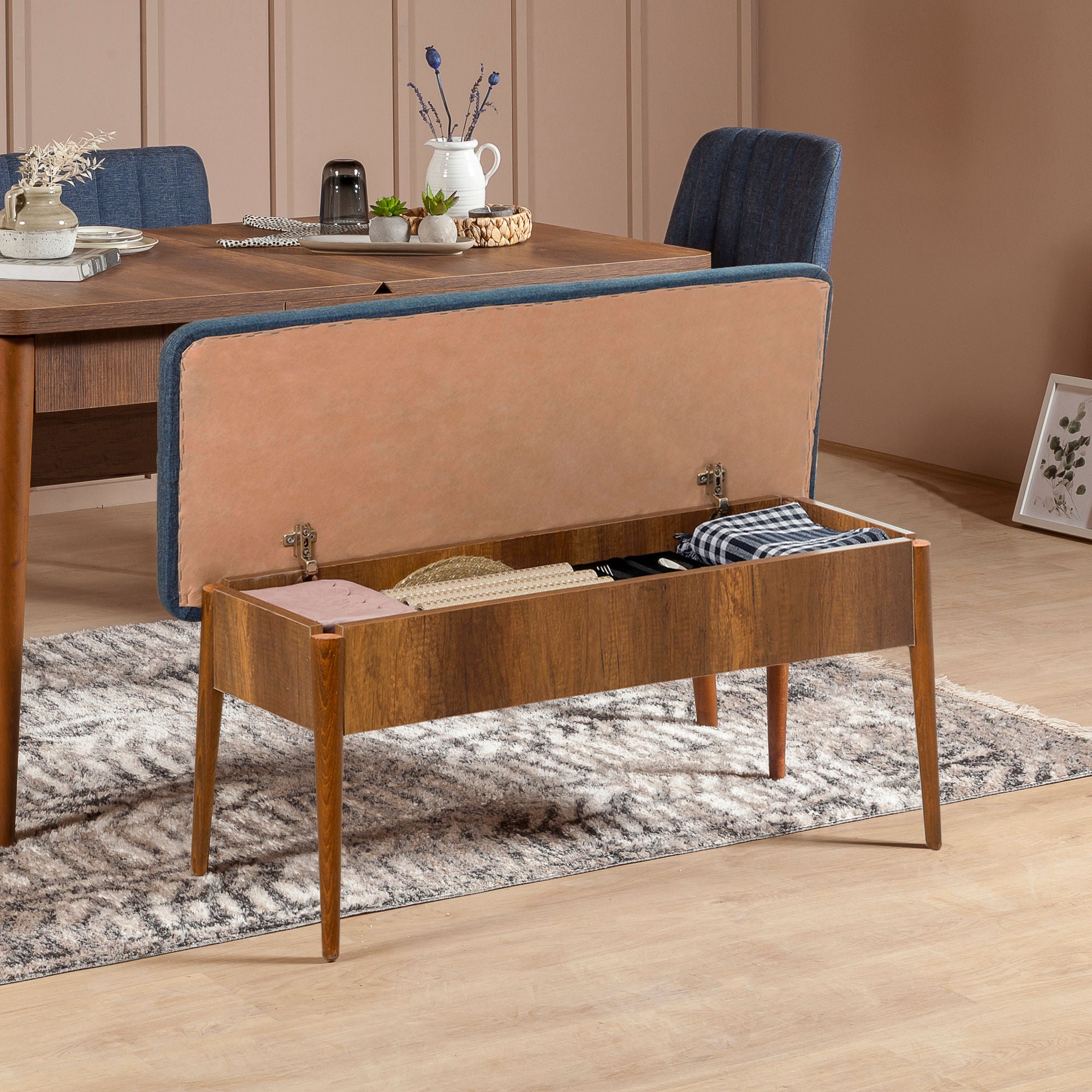 Vina Linen Storage Bench in Walnut and Dark Blue – product image 2