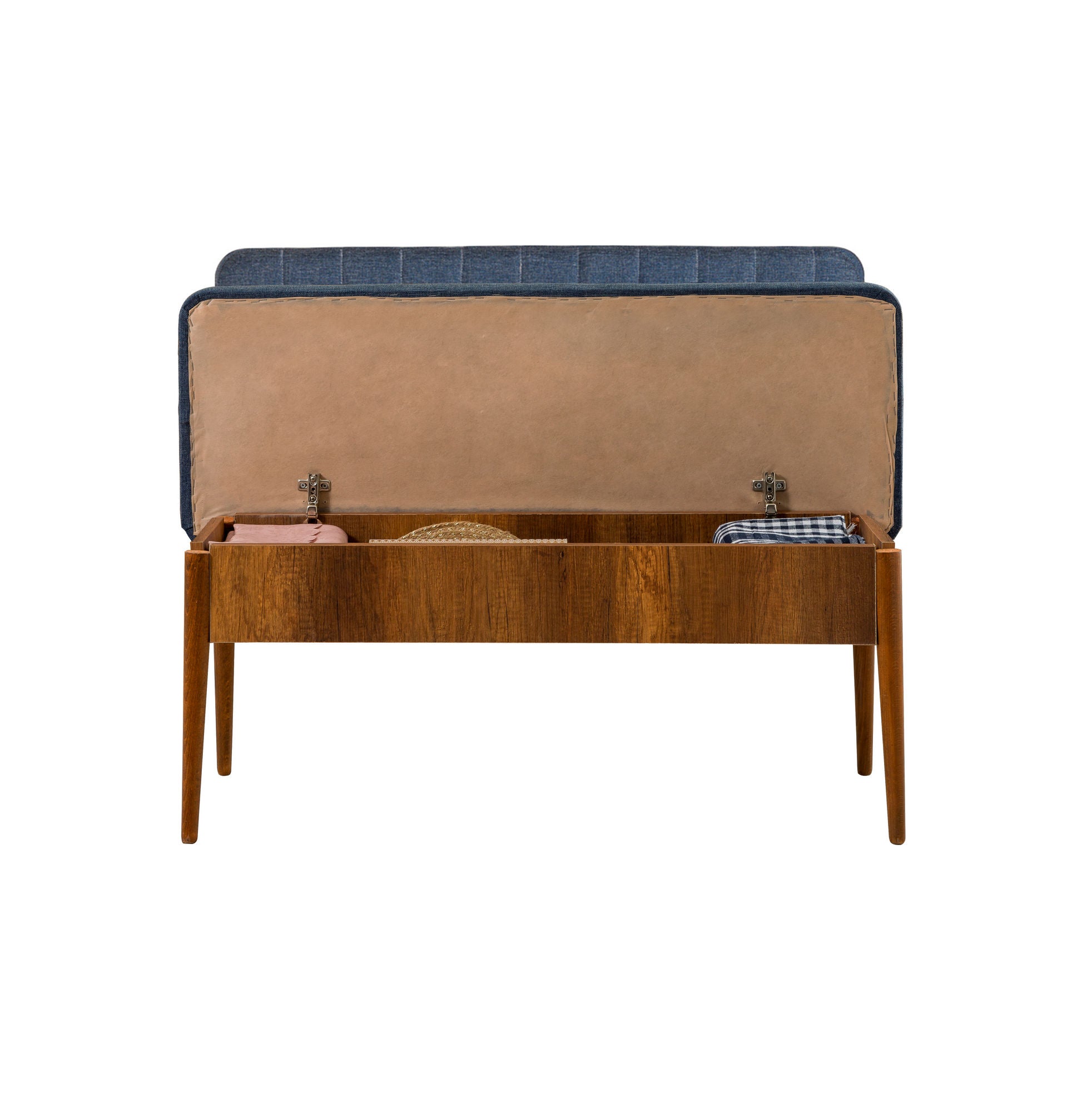 Vina Linen Storage Bench in Walnut and Dark Blue – product image 5
