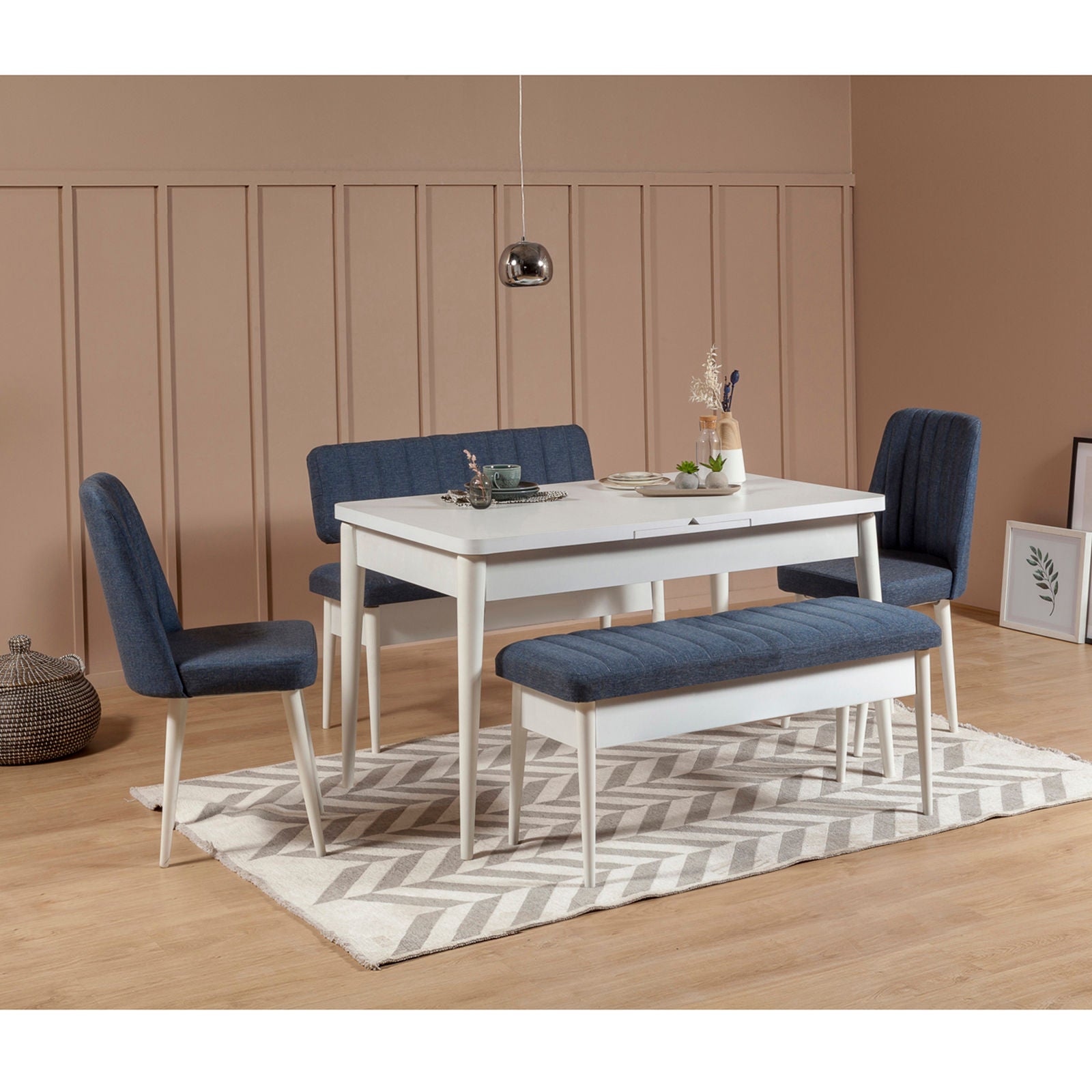 Vina 1048-1 Linen Bench in White and Dark Blue – product image 2