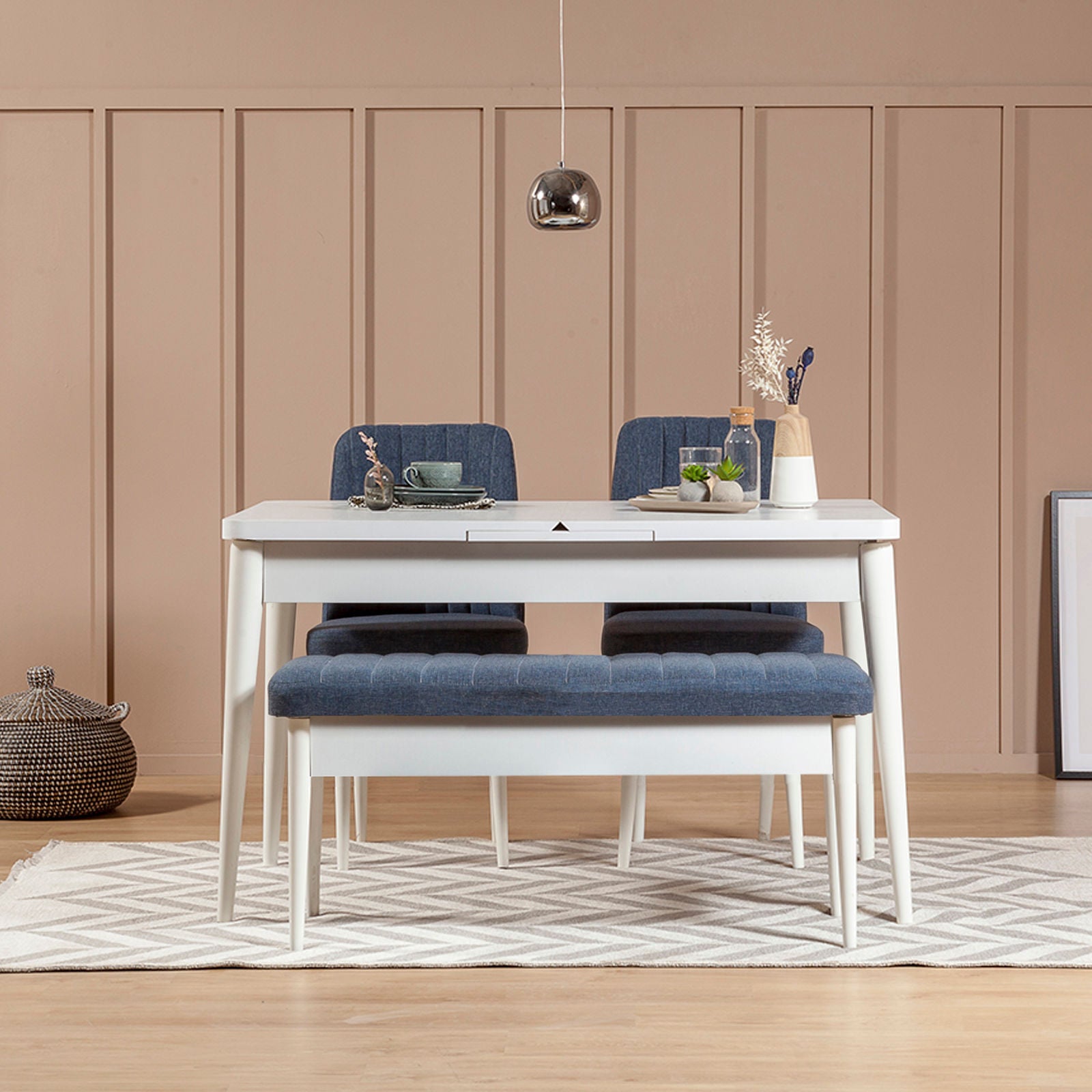 Vina 1048-1 Linen Bench in White and Dark Blue – product image 3