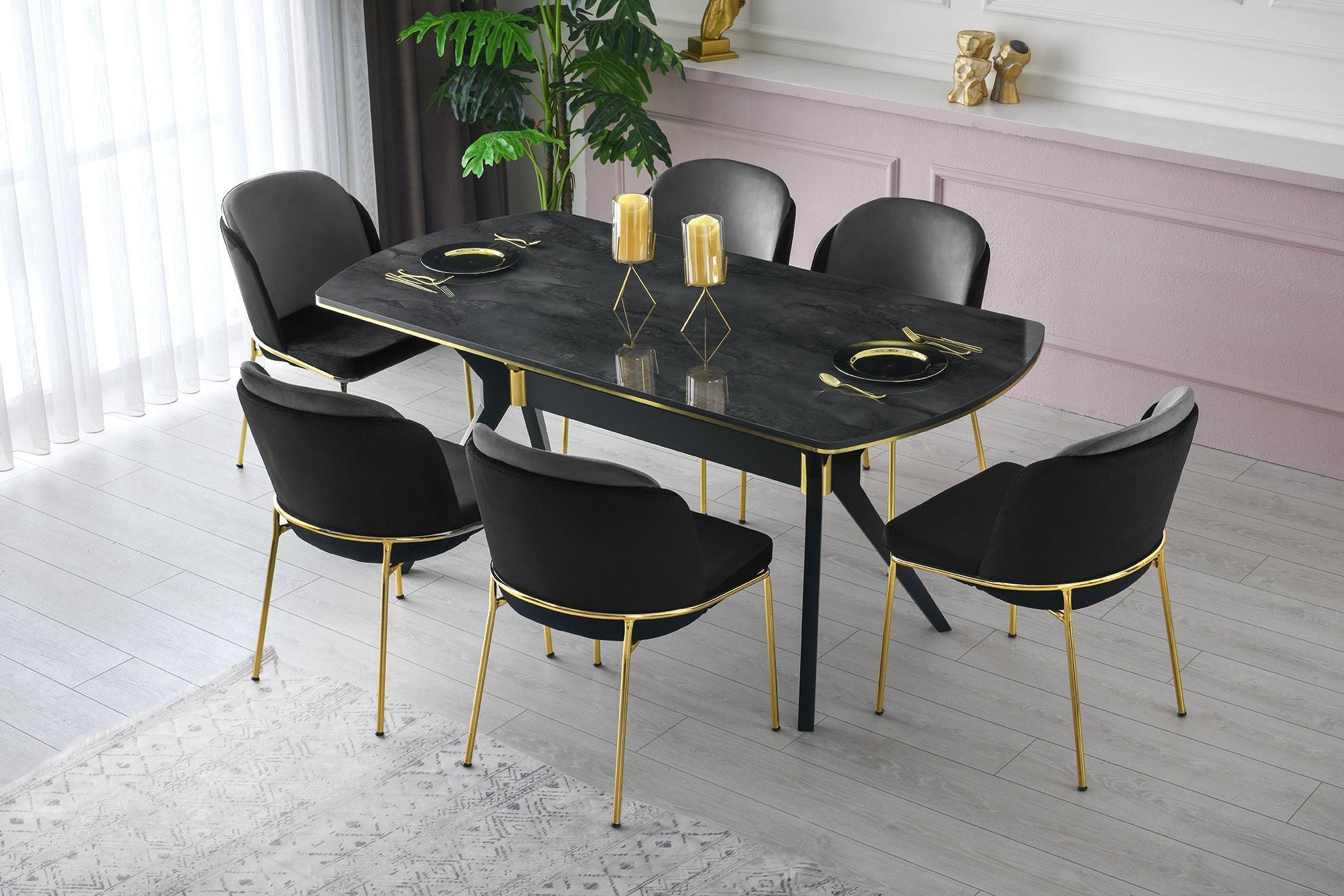 Set of 4 Dore 106 Velvet Dining Chairs in Black and Gold – product image 6