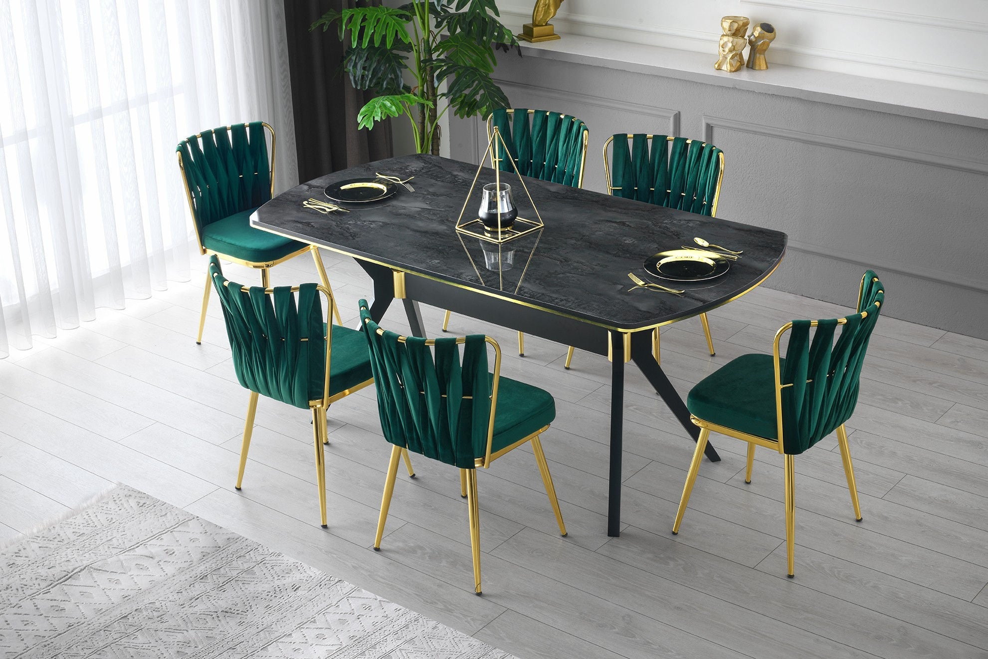 Set of 4 Kuşaklı 206 Velvet Dining Chairs in Gold and Green – product image 6