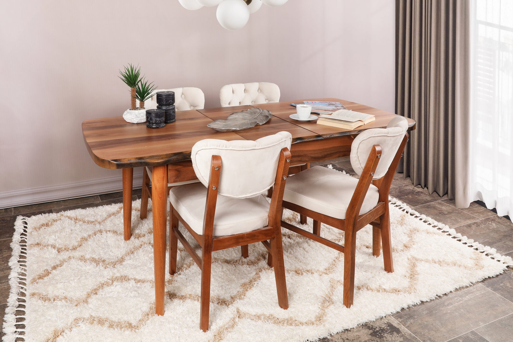 Set of 2 Elma 760 Velvet Dining Chairs in Walnut and Beige – product image 5