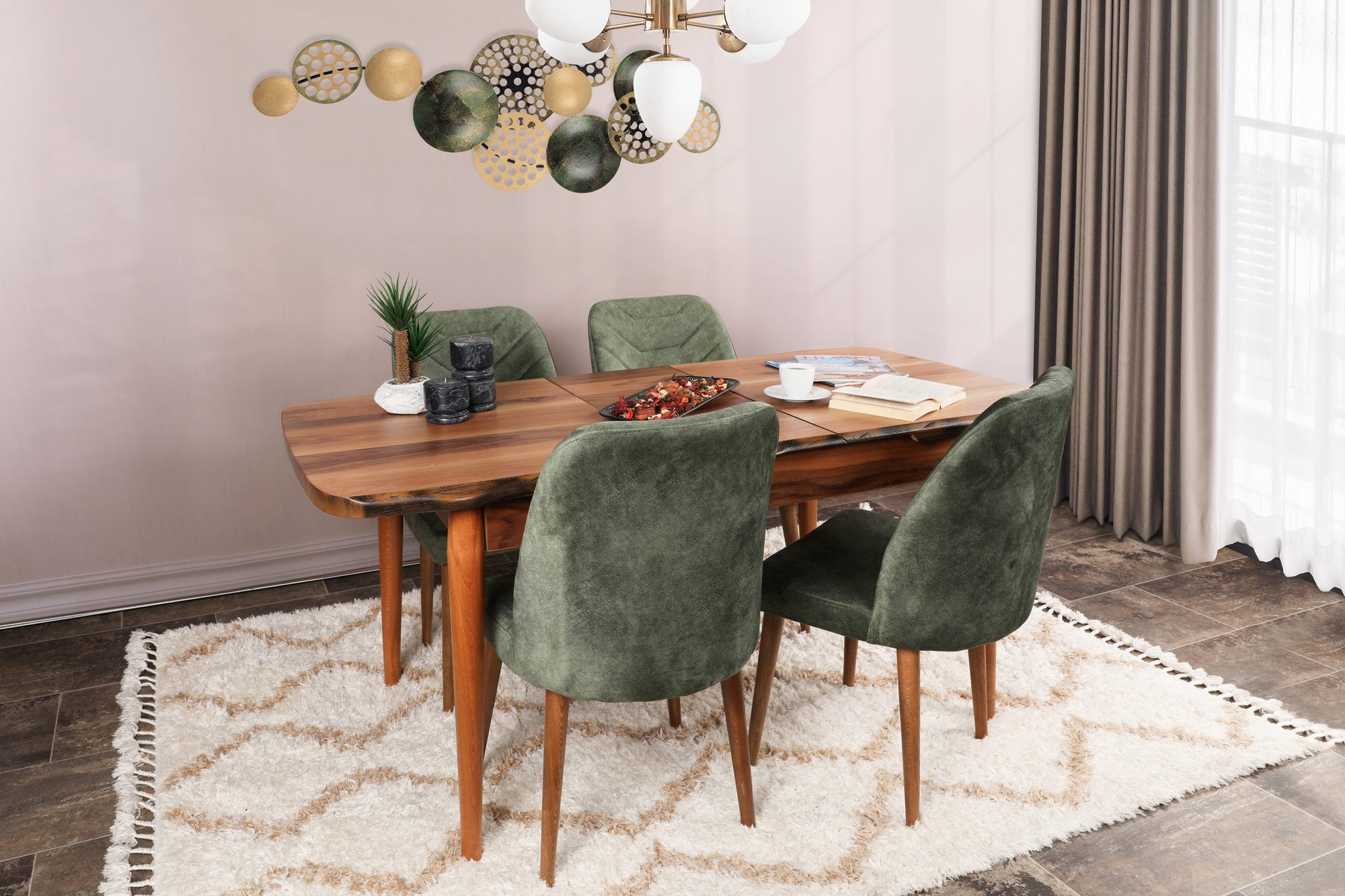 Set of 4 Dallas 558 Velvet Dining Chairs in Walnut and Dark Green – product image 2