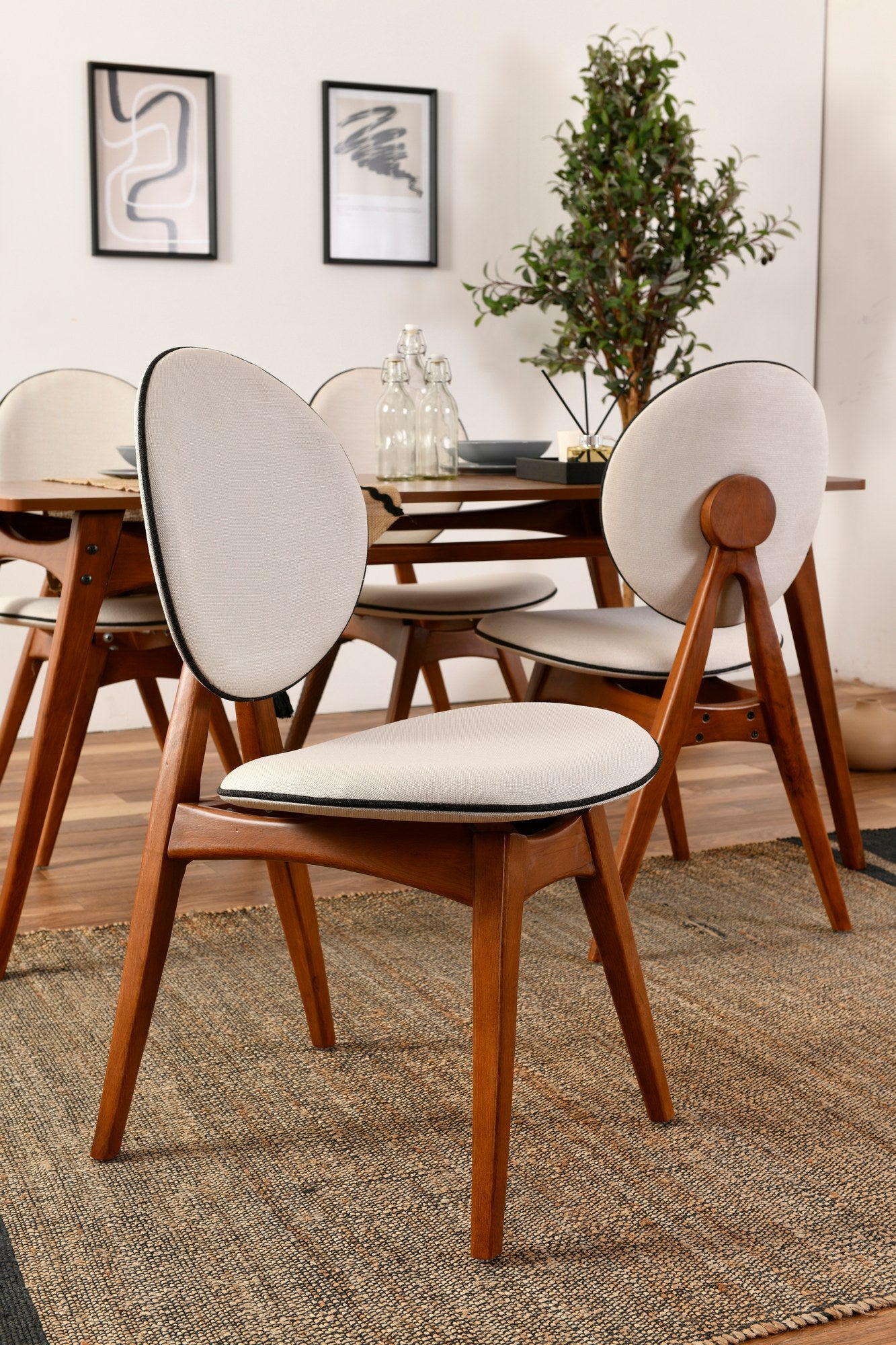 Set of 2 Touch Linen Dining Chairs in Walnut and Cream