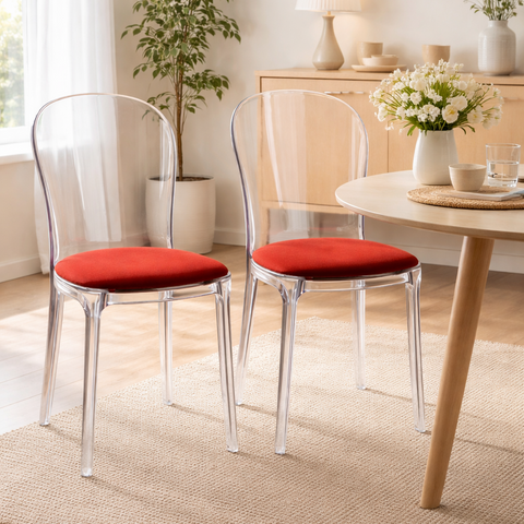 Set of 2 Vanilla Transparent Chairs with Red Seat - Outlet