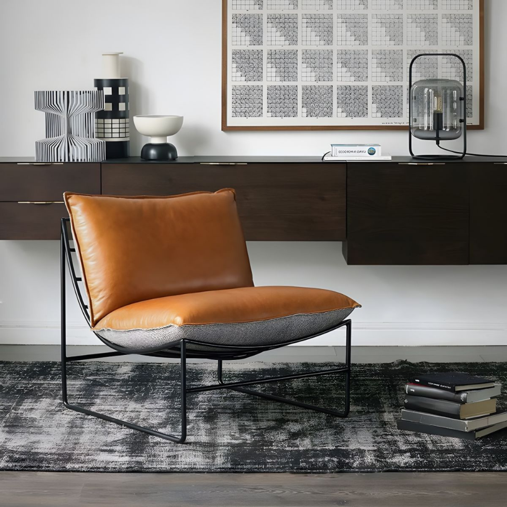 Metal and leather lounge chair MANHATTAN