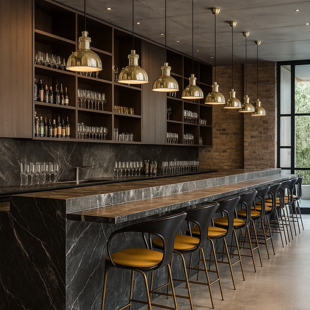 Modern bar with marble counter, wooden stools, and pendant lights.