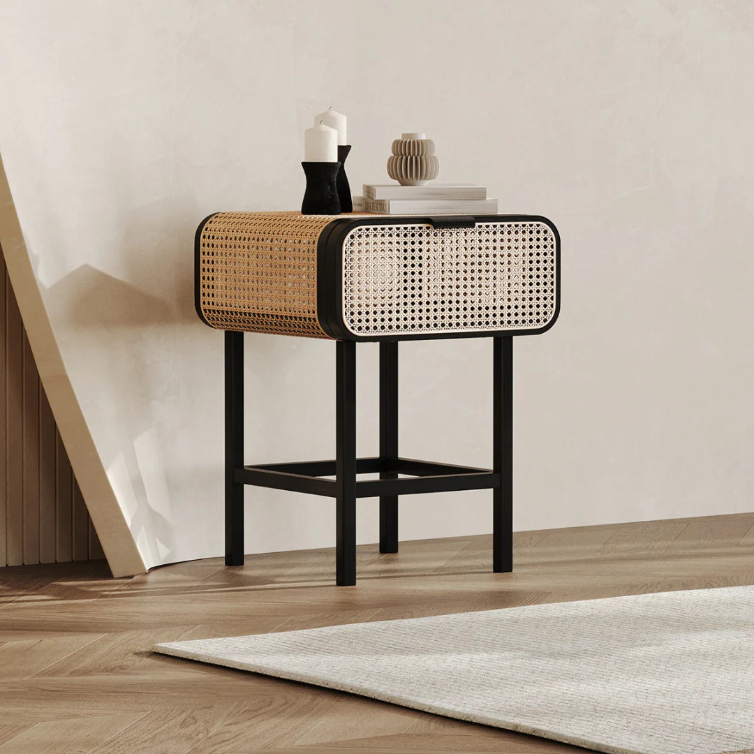 Simon rattan and cane bedside table