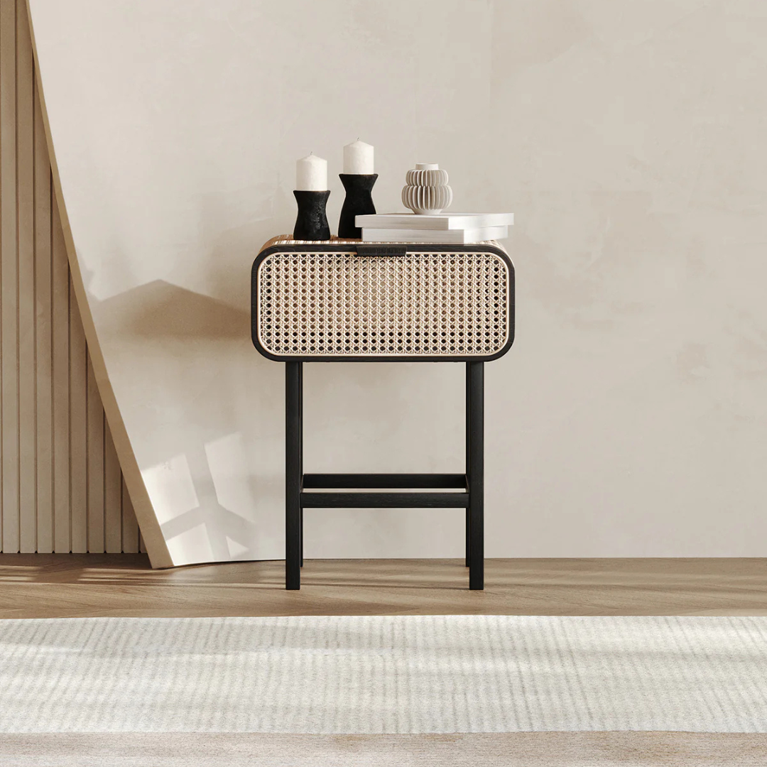 Simon rattan and cane bedside table