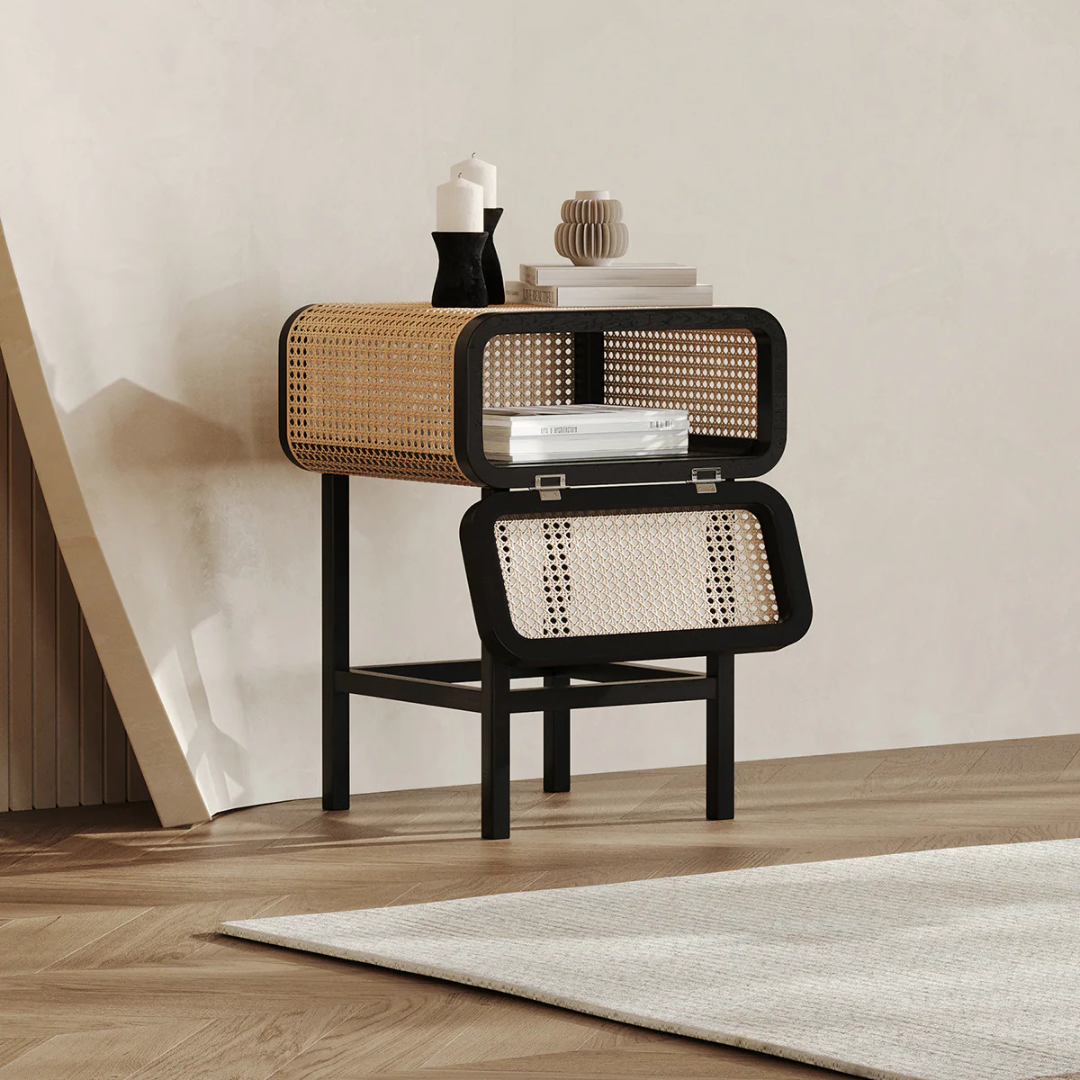 Simon rattan and cane bedside table
