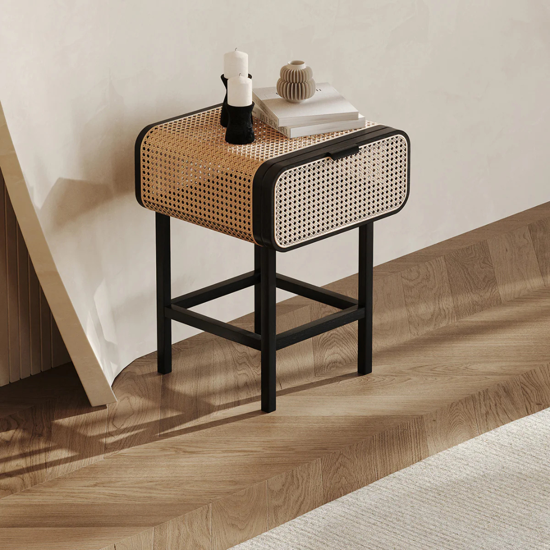 Simon rattan and cane bedside table