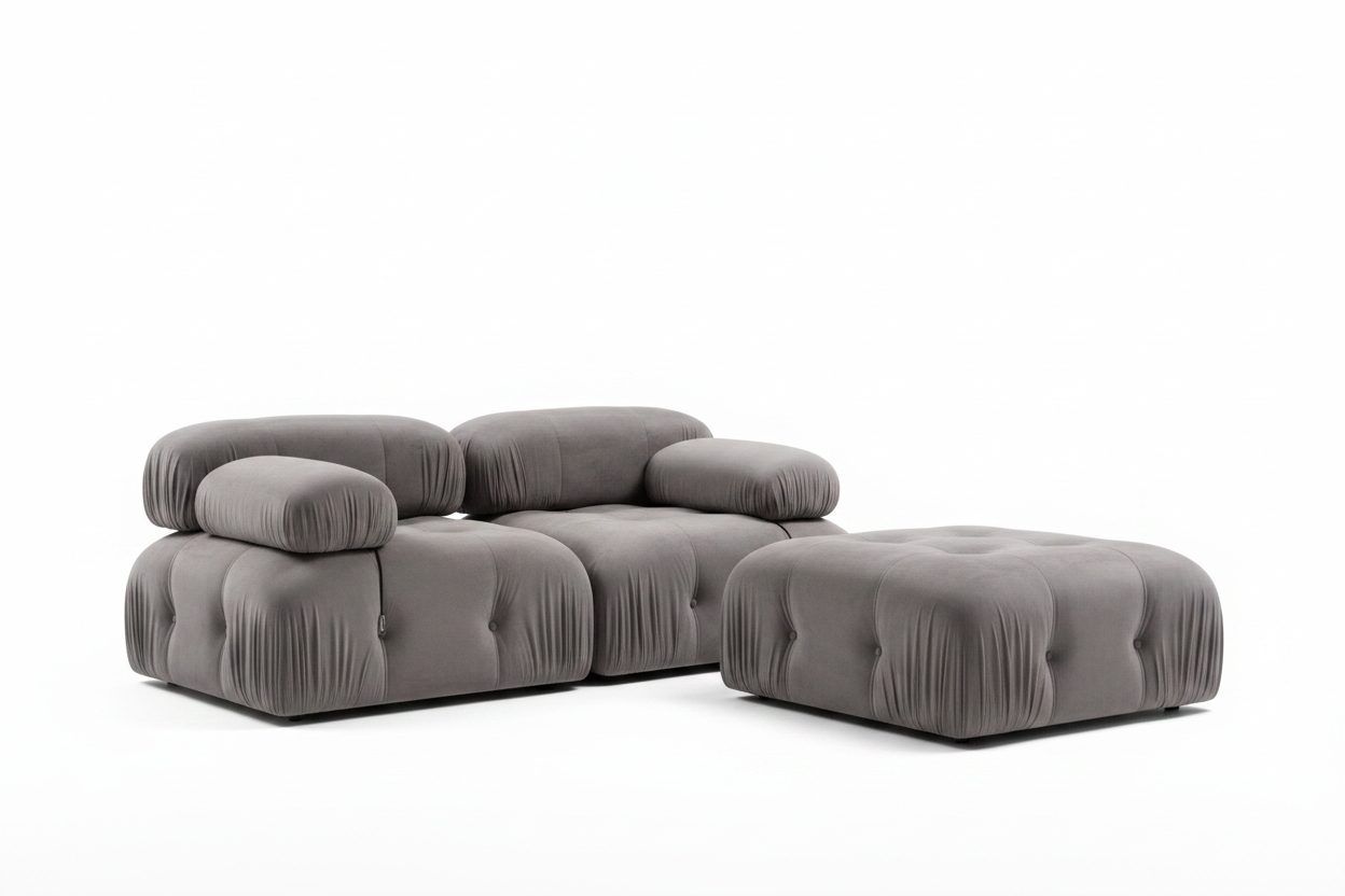 Bubble 2-Seater Sofa + Ottoman – Grey Velvet | Camaleonda Designer Sofa