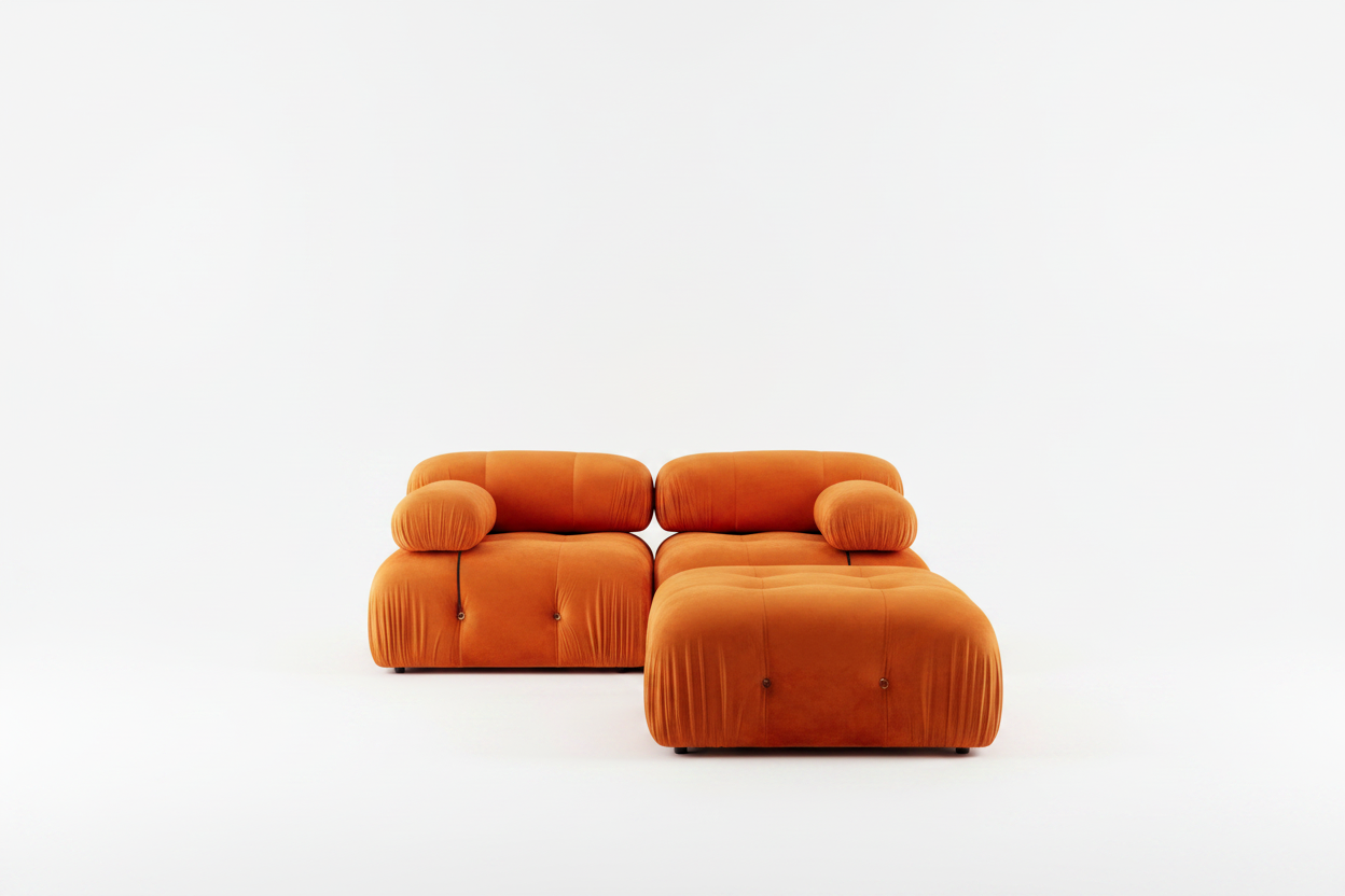 Bubble 2-Seater Sofa + Ottoman – Orange Velvet Designer Sofa